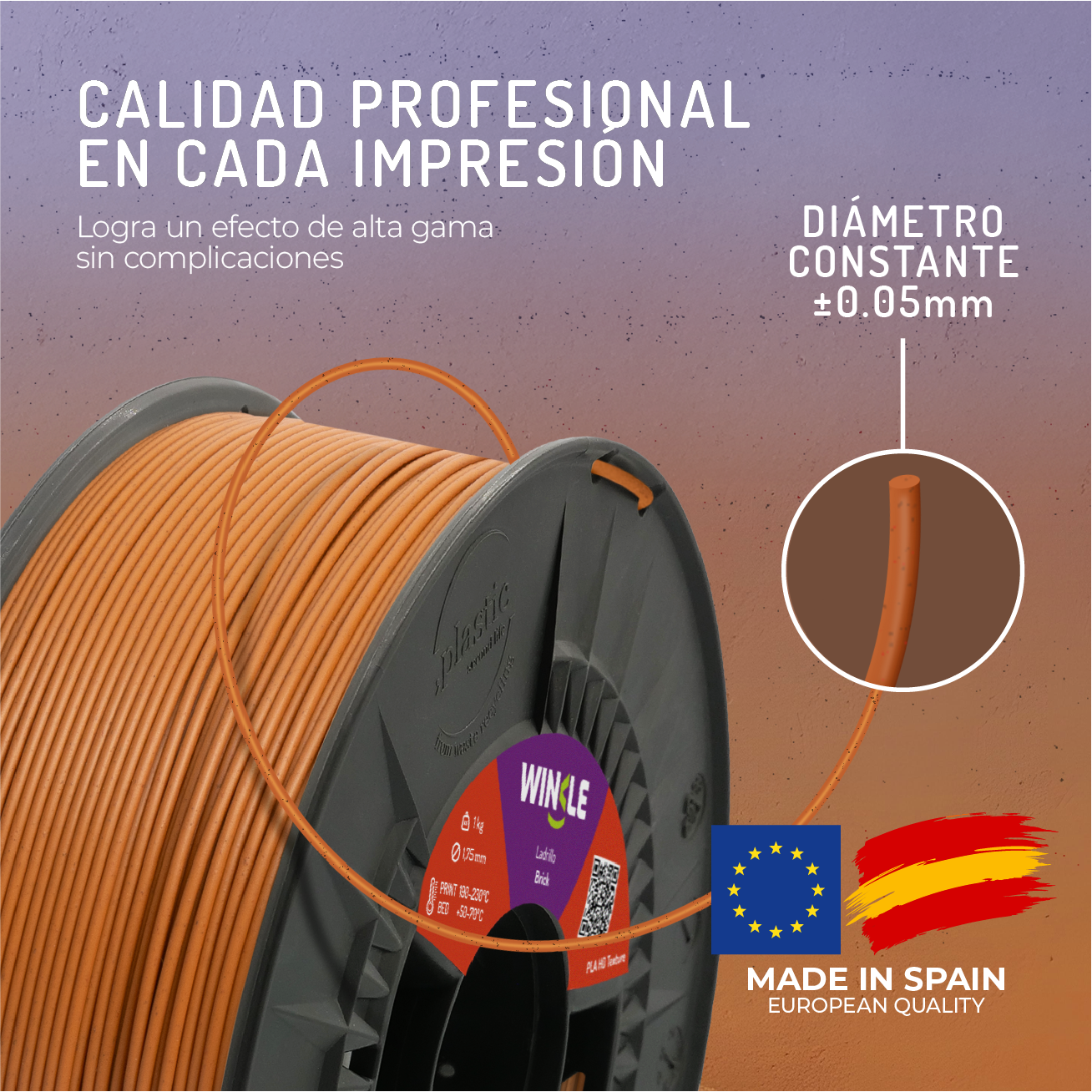 Filamento naranja para impresora 3D en carrete. Texto: Calidad profesional, diámetro constante, Hecho en España.