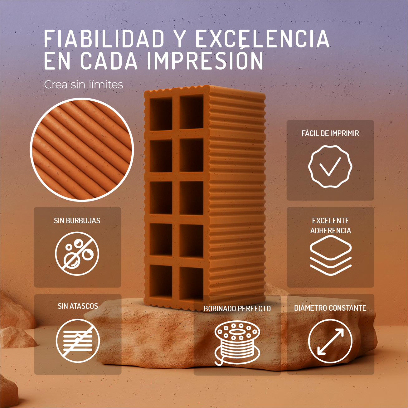 Filamento naranja de impresión 3D sobre piedra, con iconos de sin burbujas, fácil impresión, adhesión, sin atascos.