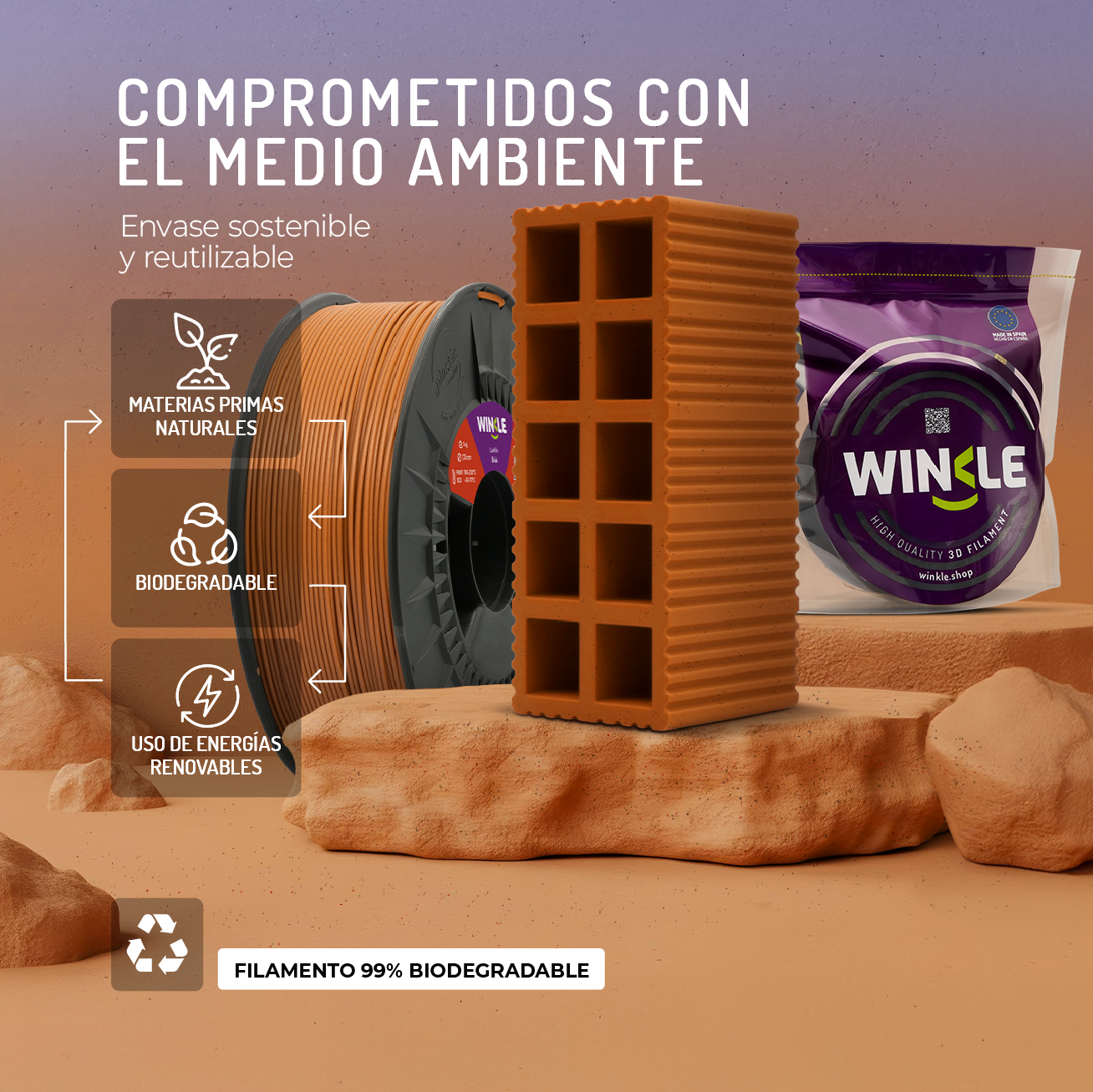 Bobina de filamento naranja para impresión 3D, ladrillo y embalaje.