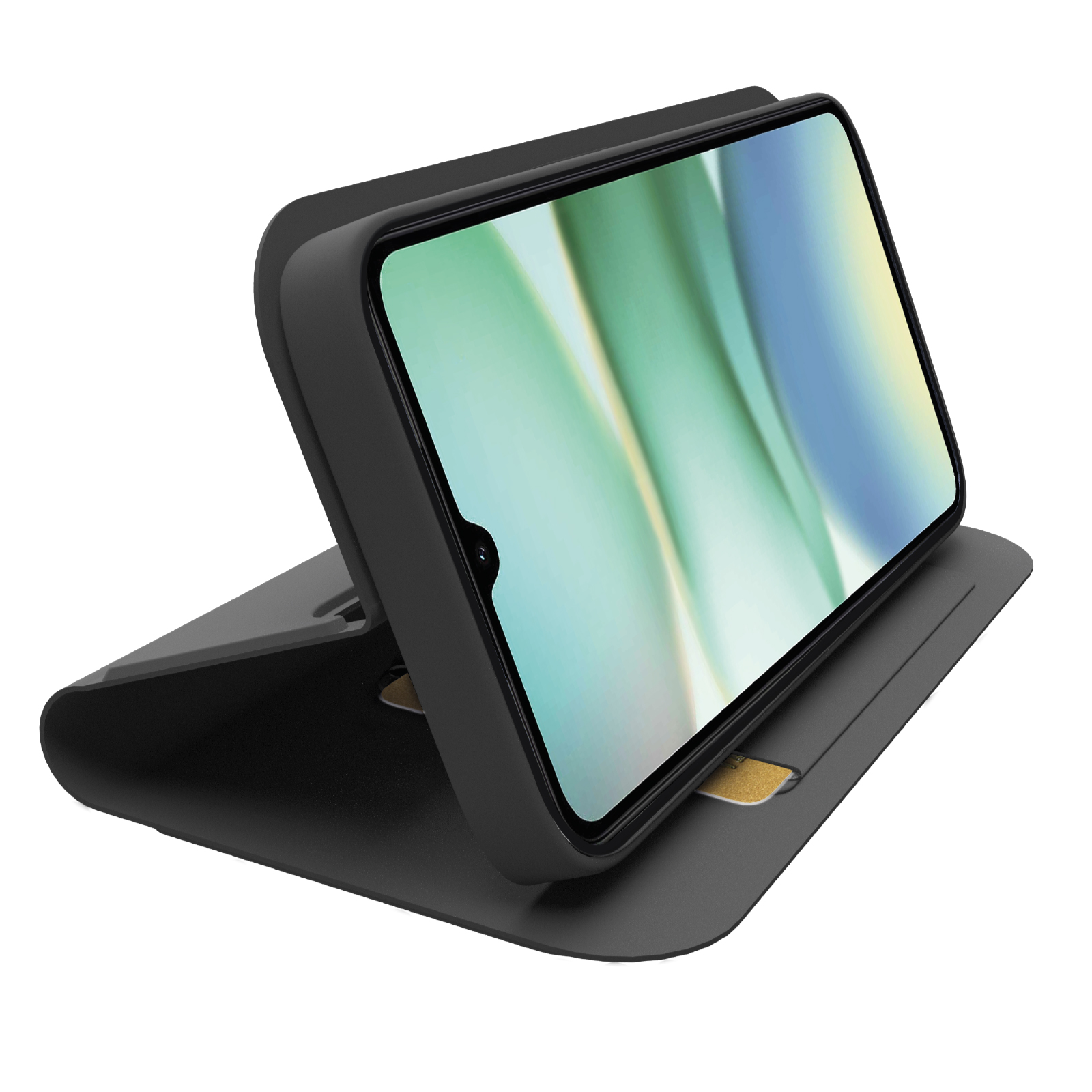 Un smartphone negro en una funda negra, sobre una superficie blanca.