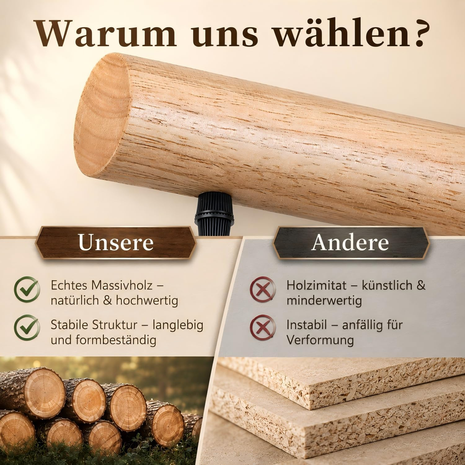 Vergleich von Massivholz (unsere) mit Holzimitat (andere) auf einer Collage.