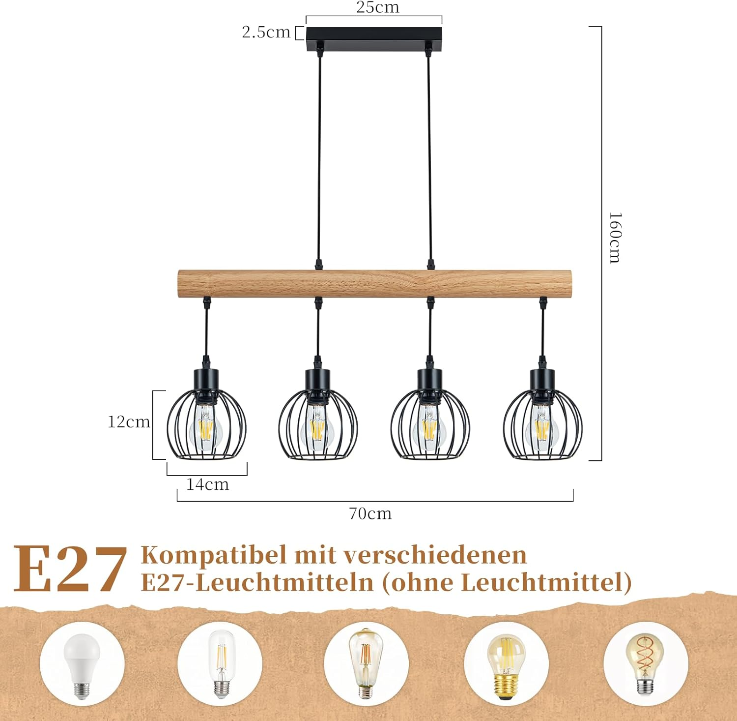 Hängelampe mit vier E27-Fassungen, Holzbalken, Metallkäfigschirmen, Maße angegeben.