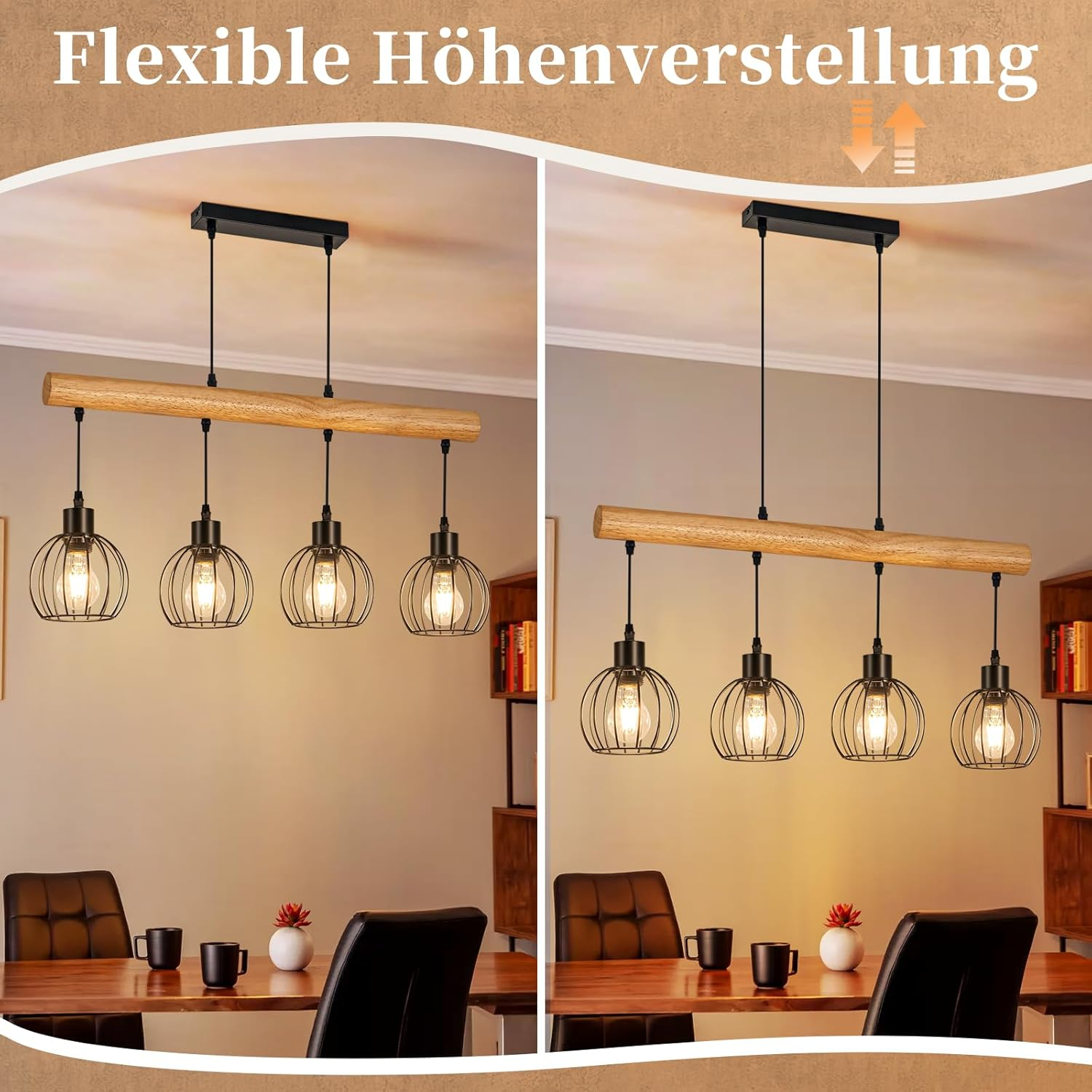 Zwei Bilder einer Pendelleuchte mit vier Drahtkäfigen über Glühbirnen, über einem Holztisch.