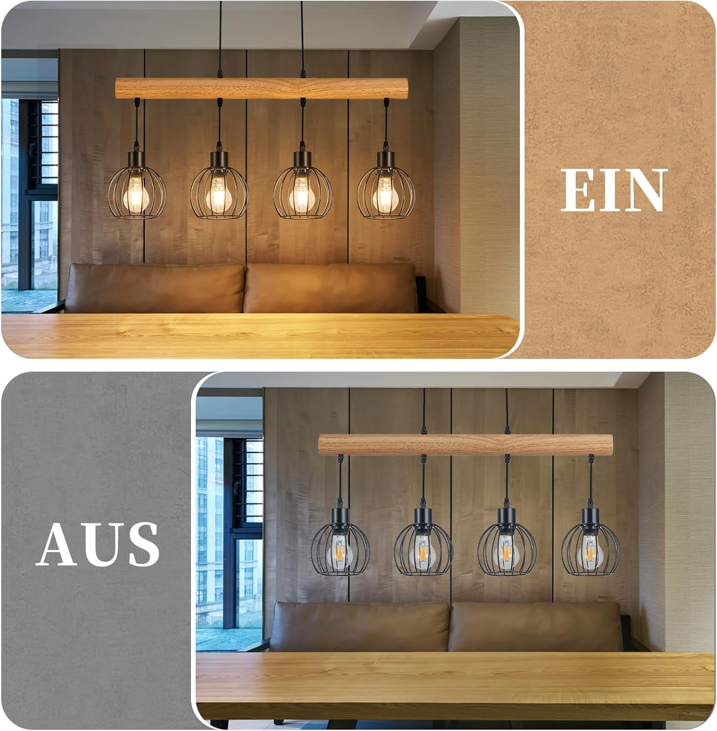 Deckenleuchte mit vier Käfiglampen über einem Holztisch. „EIN“ und „AUS“ daneben.