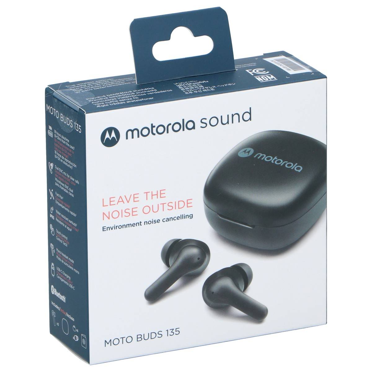 Verpackung für Motorola Moto Buds 135 mit Kopfhörern und Ladehülle.