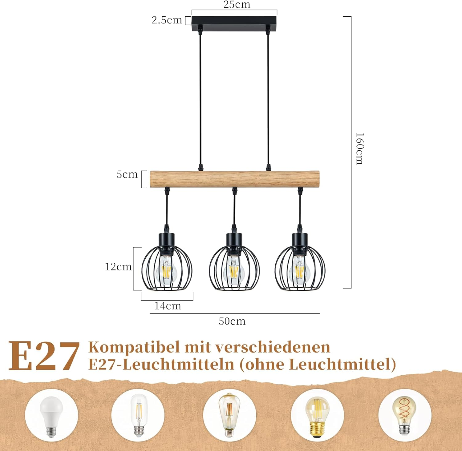 Hängeleuchte mit Holzstange, drei schwarzen Käfiglampen und Maßen.