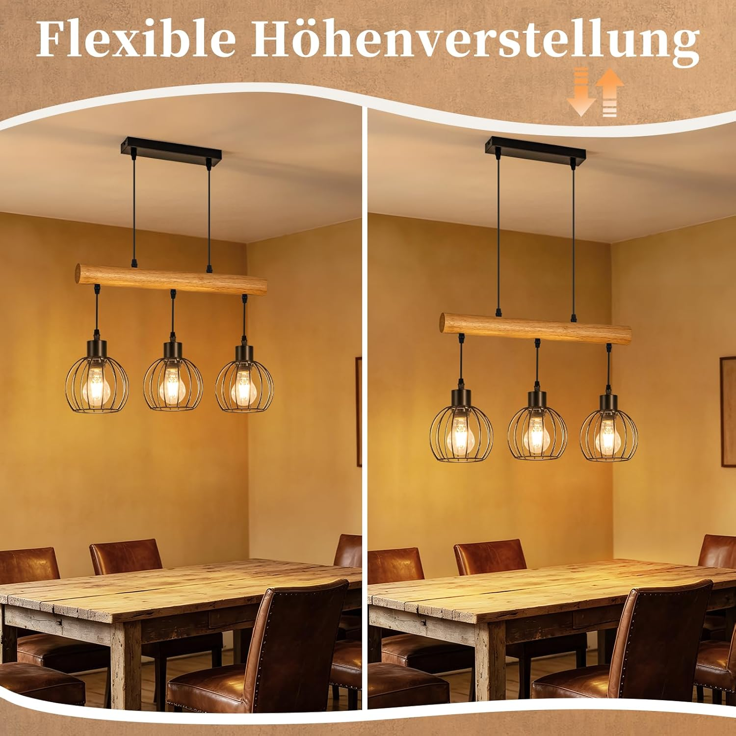 Drei Pendelleuchten mit Holzbalken über einem Holztisch mit braunen Stühlen.