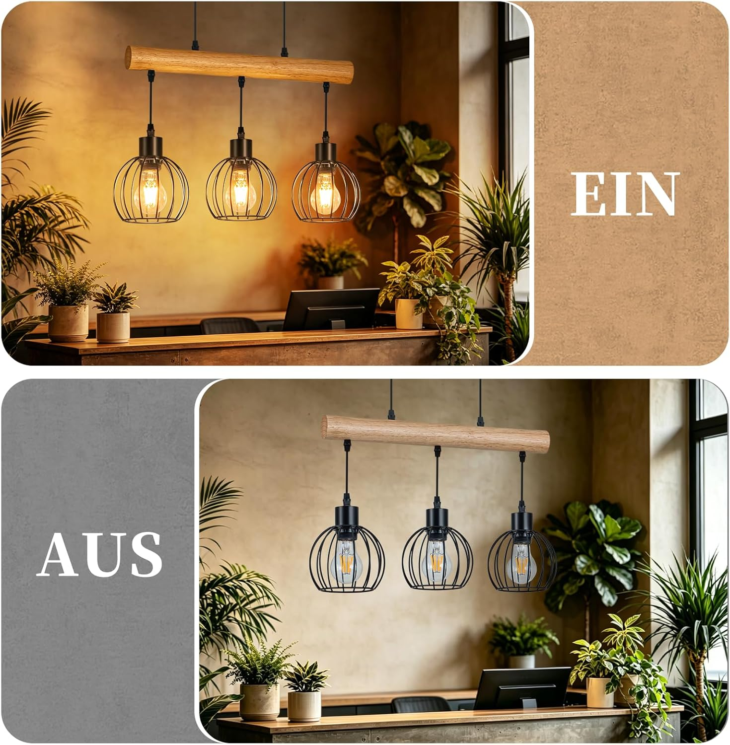 Drei Pendelleuchten mit Holzbalken und Drahtkörben, beleuchtet und unbeleuchtet.