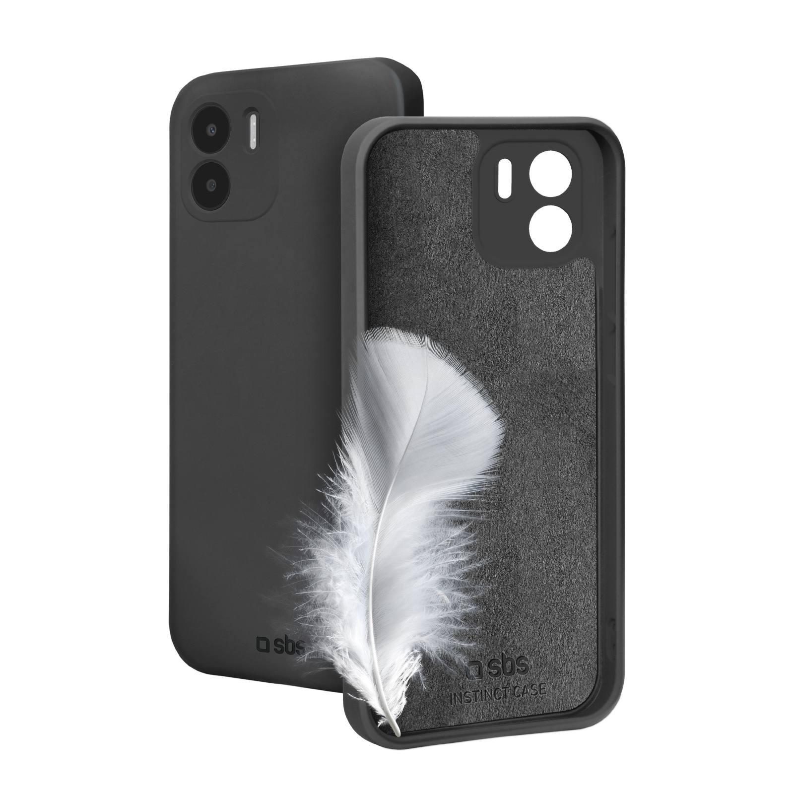 Dos fundas negras para móvil sobre fondo blanco. Una con diseño de pluma.