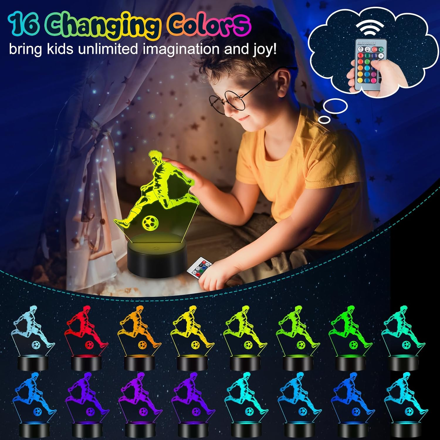 Ein Junge spielt mit einer 3D-Lampe in Fußballerform, die in 16 Farben leuchtet.