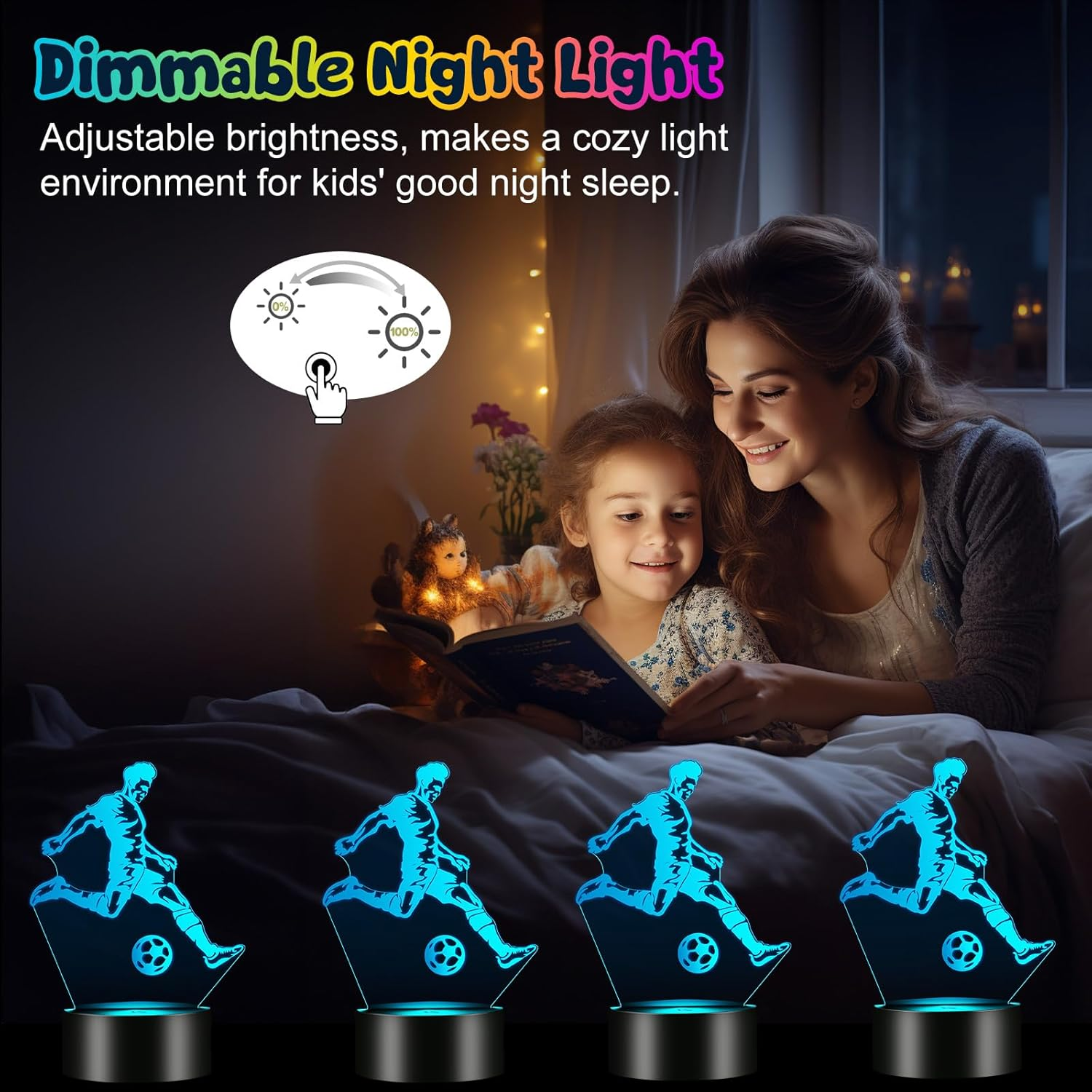 Mutter und Kind lesen im Bett mit Fußballerlampen. Dimmbares Nachtlicht.