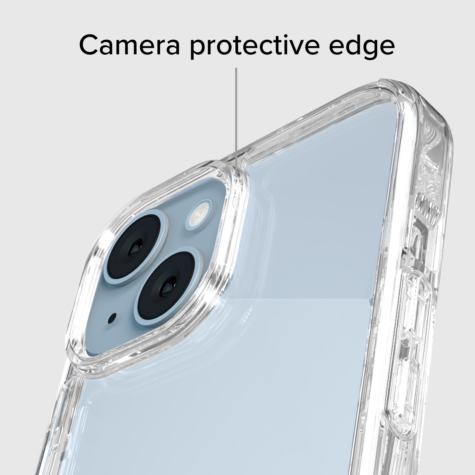 Funda transparente para teléfono protege la cámara. Muestra lente y marco.