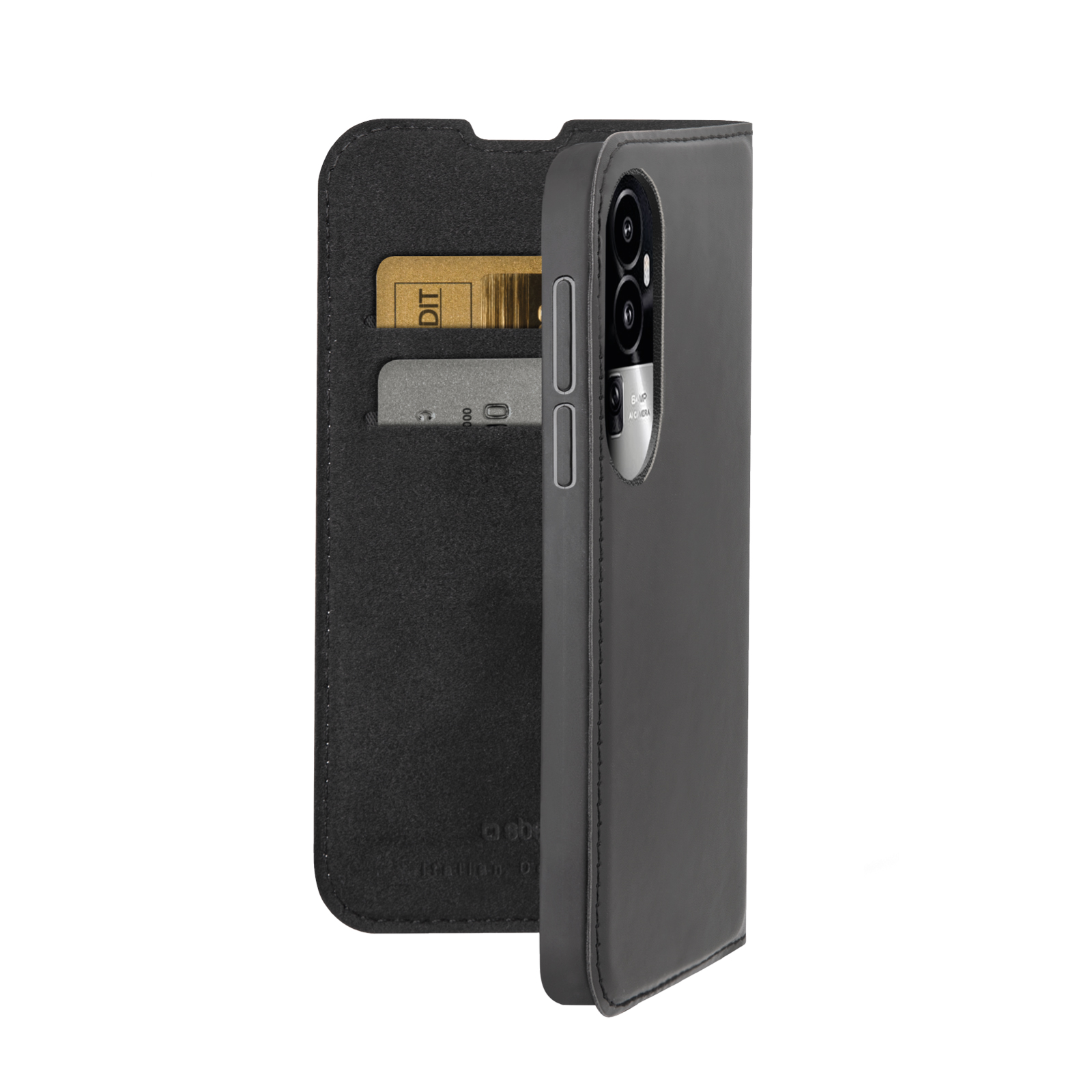 Una funda tipo libro de cuero negro para smartphone con tarjeteros.