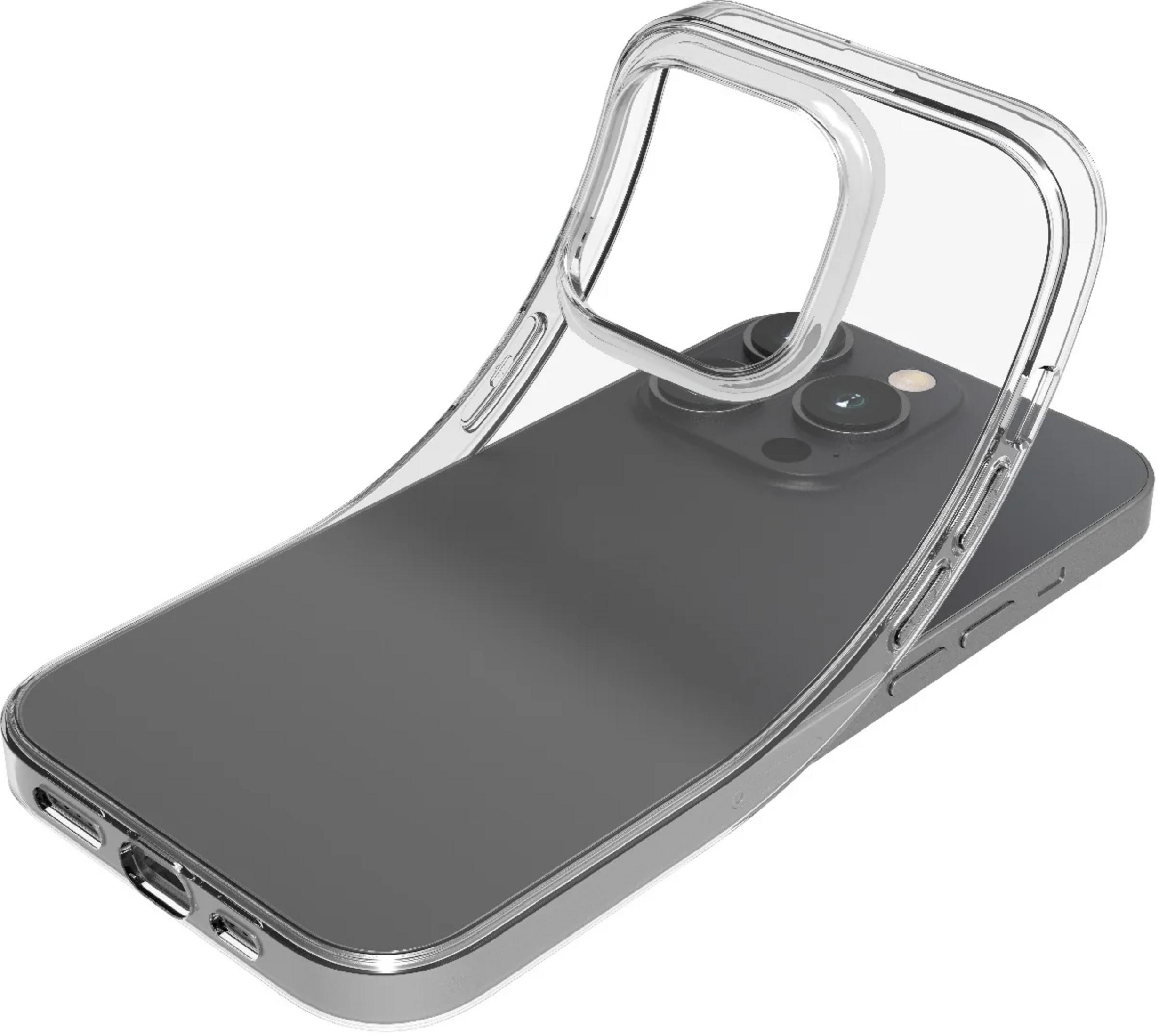 Custodia trasparente per telefono su smartphone scuro, con fotocamera.