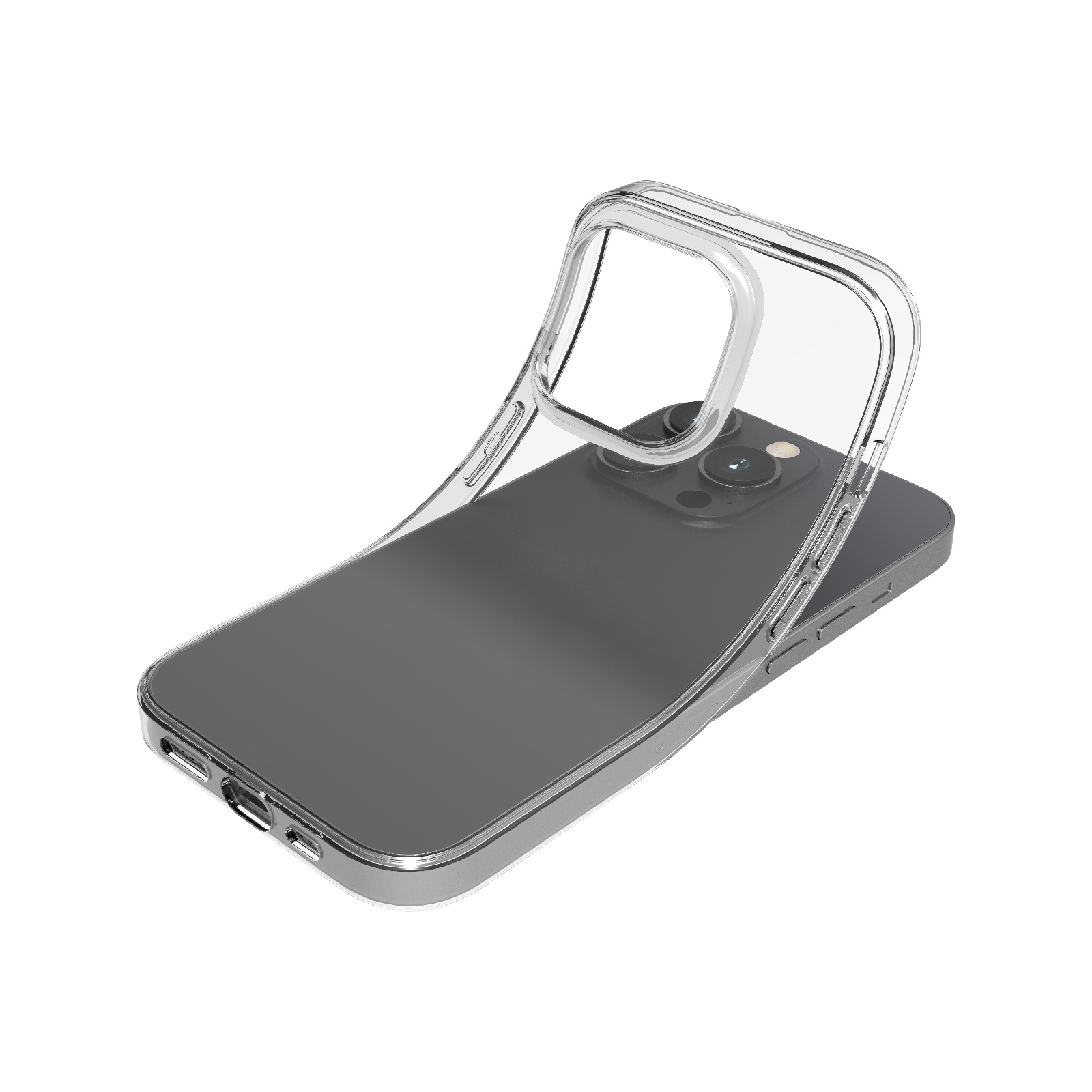 Custodia trasparente su smartphone scuro, primo piano della fotocamera.