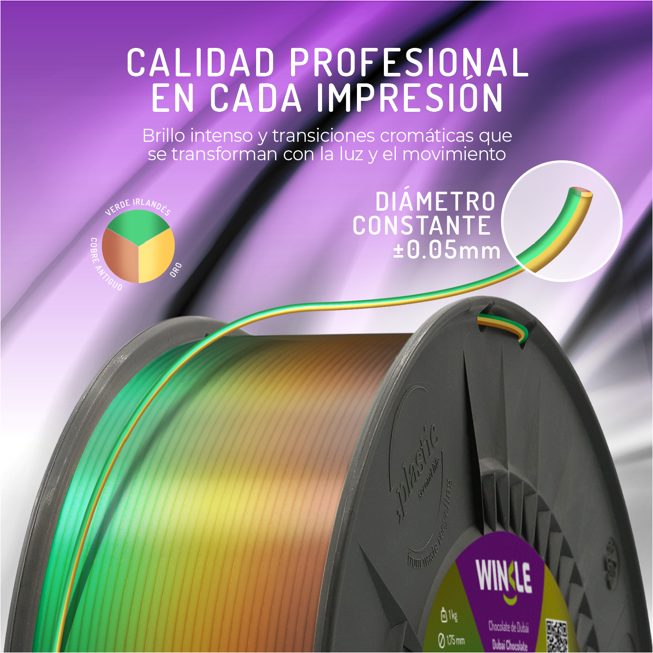 Bobina de filamento de impresión 3D multicolor, de verde a amarillo a marrón.