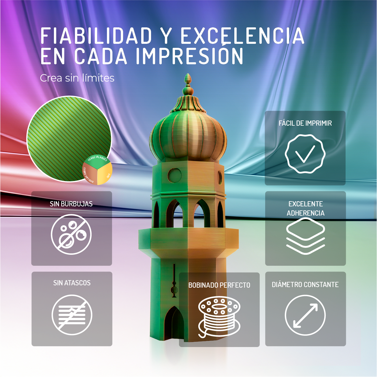 Torre multicolor con iconos de calidad de impresión, sin burbujas, atascos ni bobina.