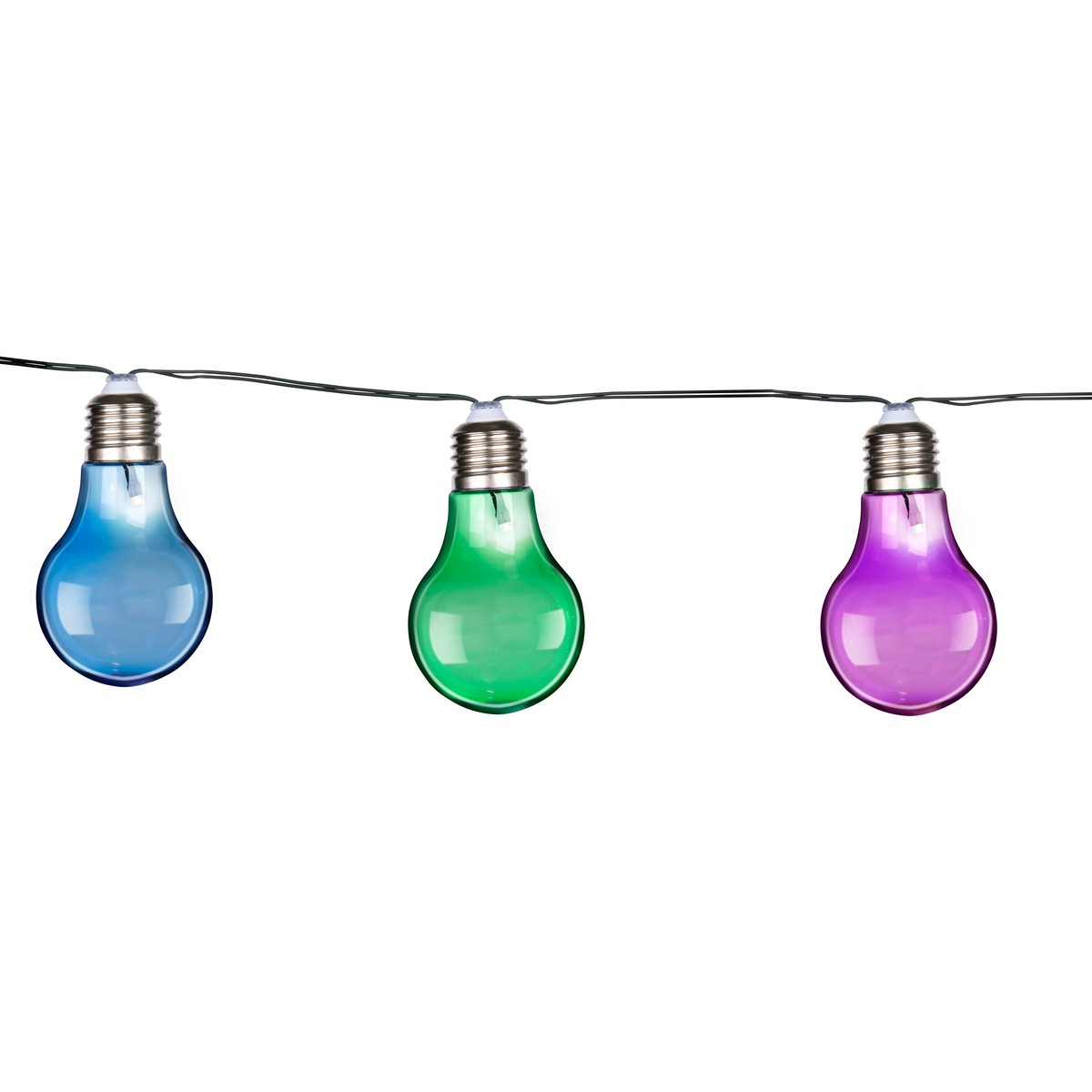 String of three colorful light bulbs: blue, green, and purple, on a white background.