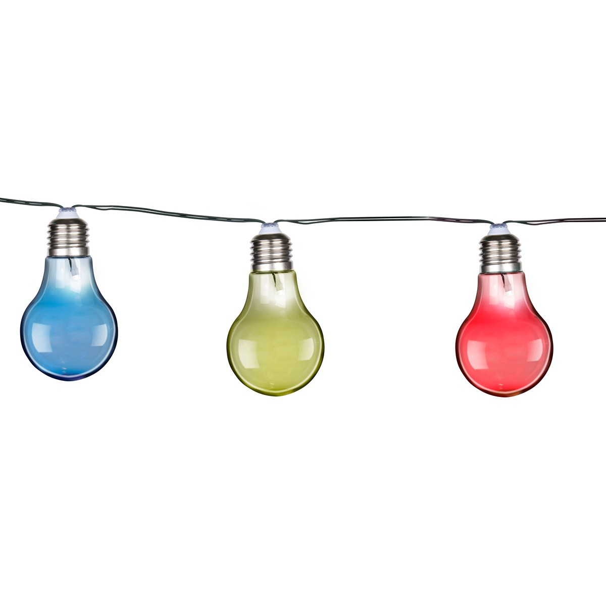 Three light bulbs on a string: blue, yellow, and red.