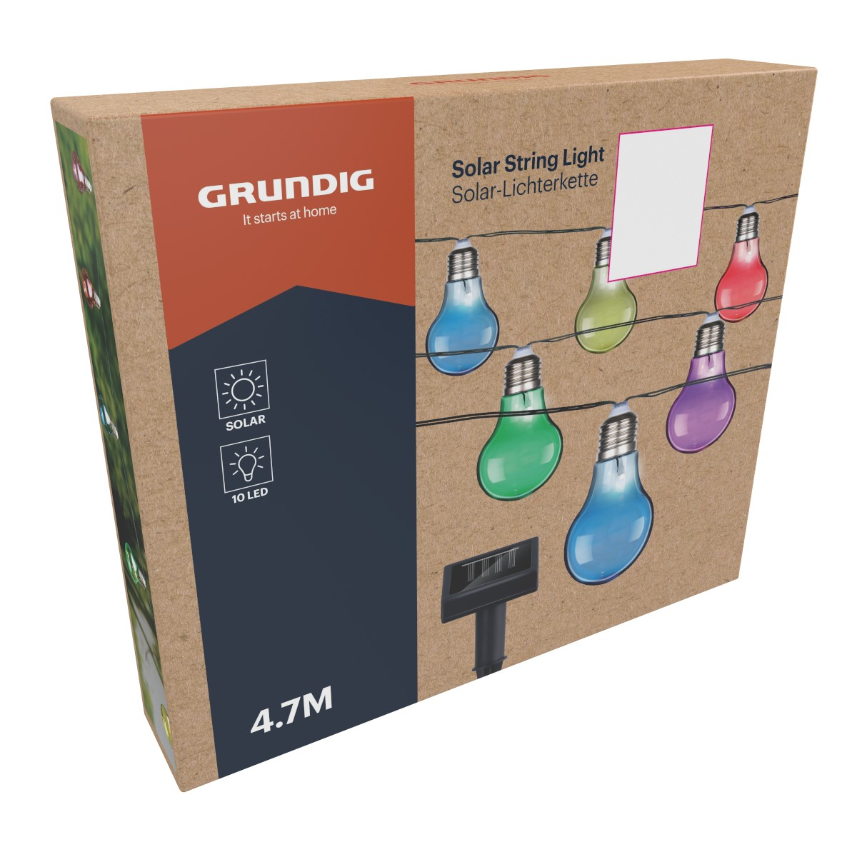Grundig solar string light packaging with 10 colorful bulbs and solar panel.