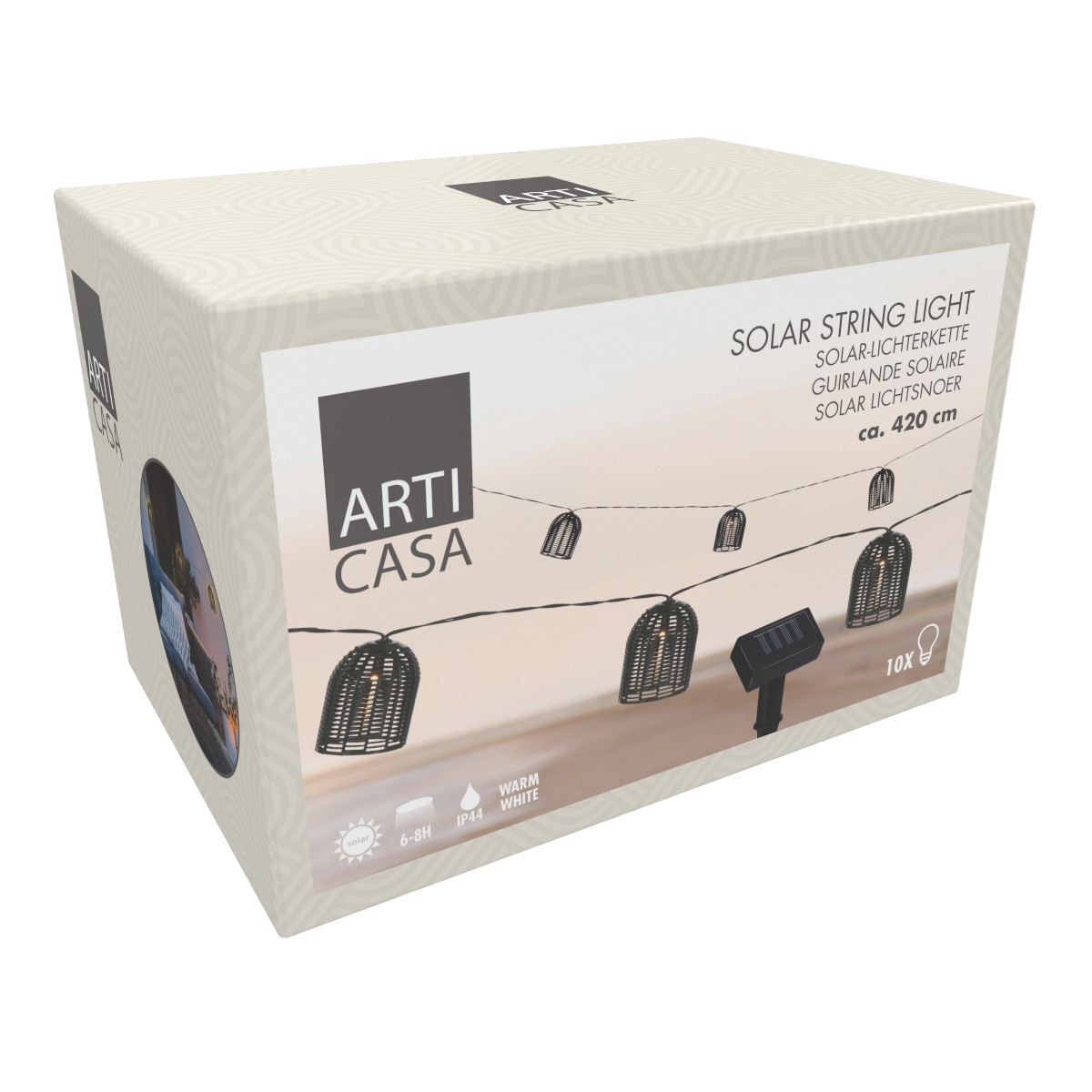 Box of Arti Casa solar string lights. Features 10 warm white lights, 420cm length.