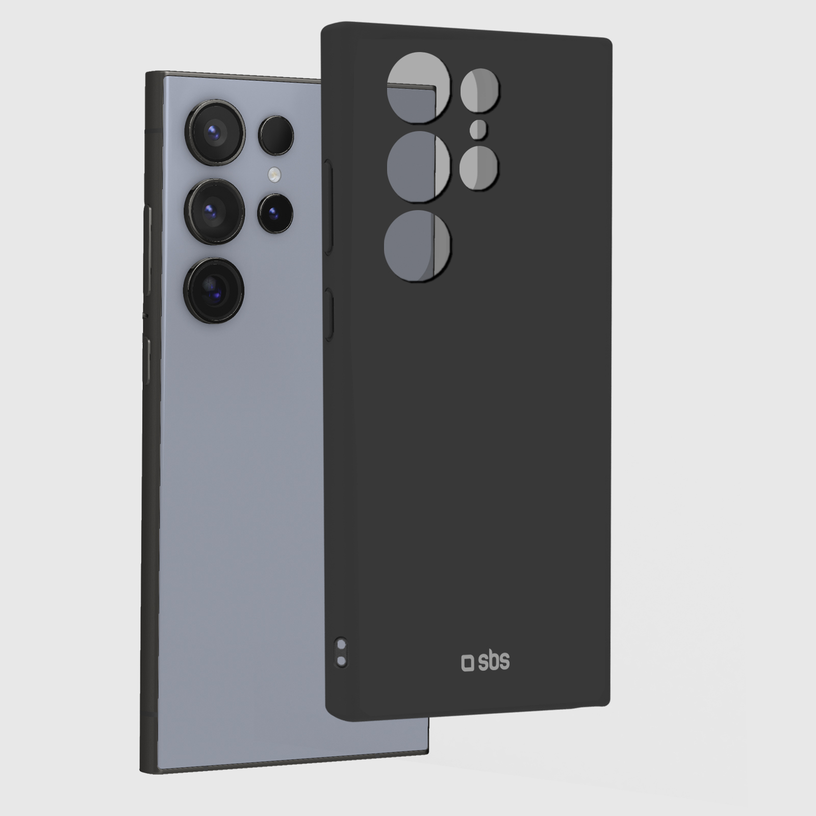 Un smartphone gris con múltiples cámaras junto a una funda de teléfono negra.