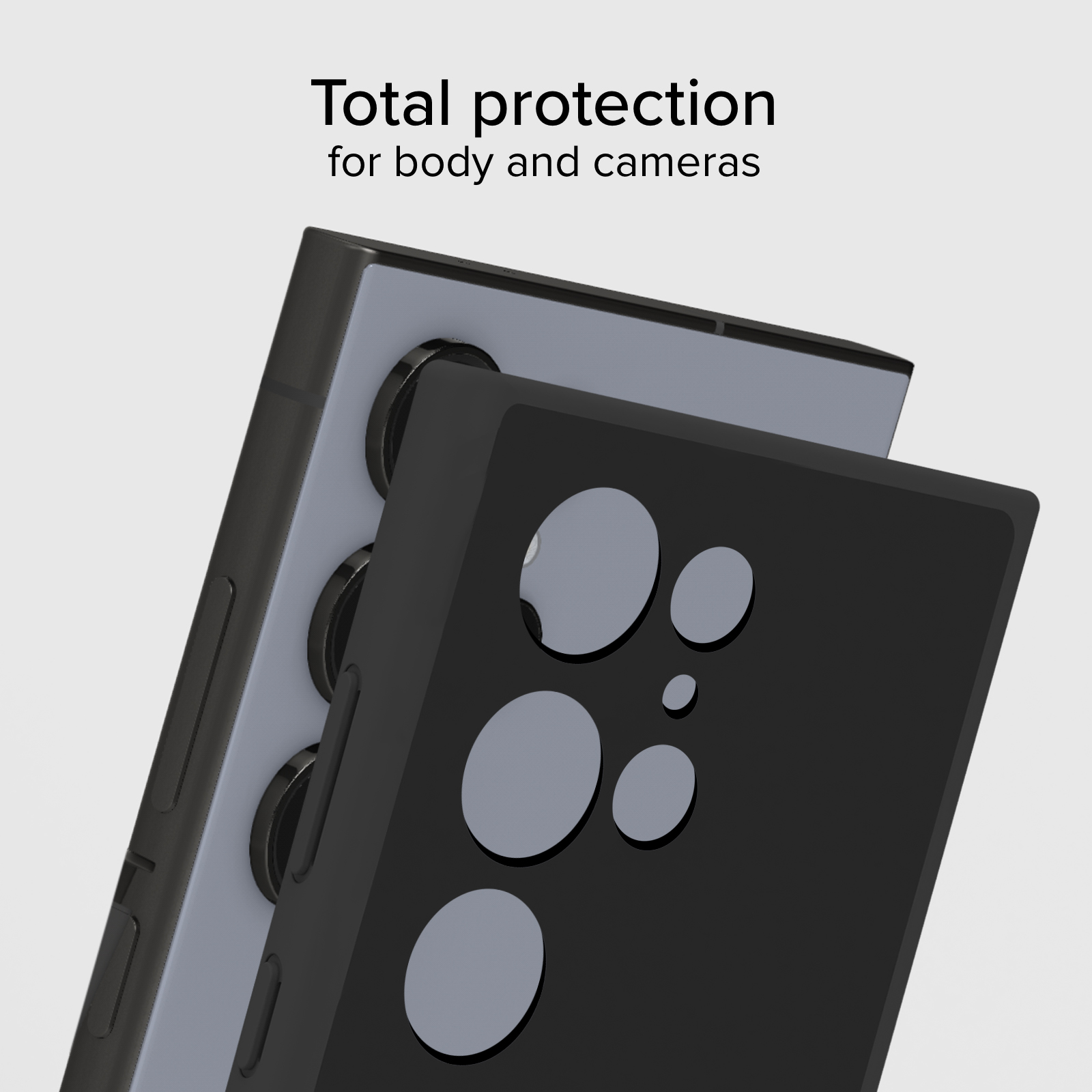 Funda de teléfono negra con recortes para cámara y círculos grises.
