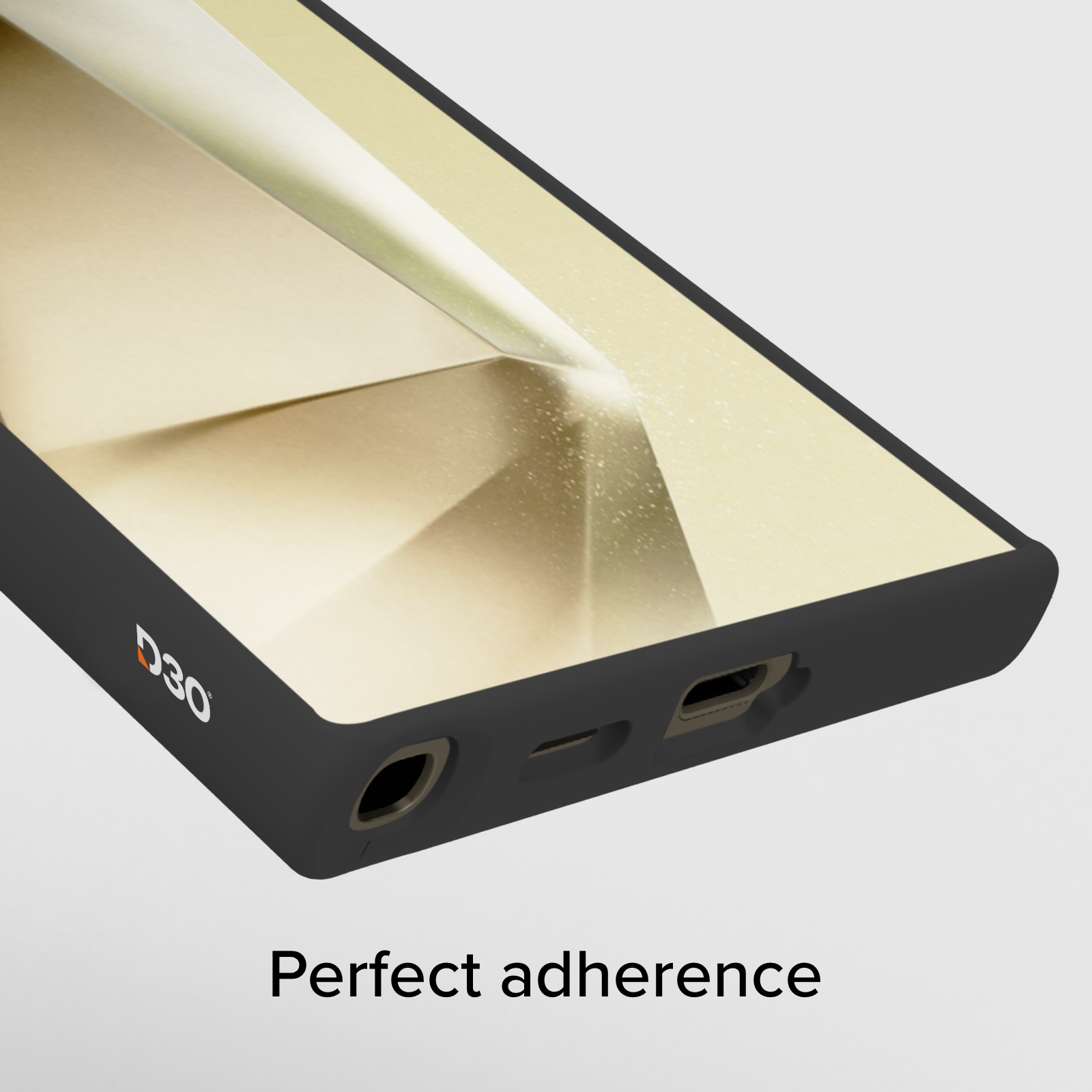 Funda negra para teléfono con logo D3O. Puertos visibles.