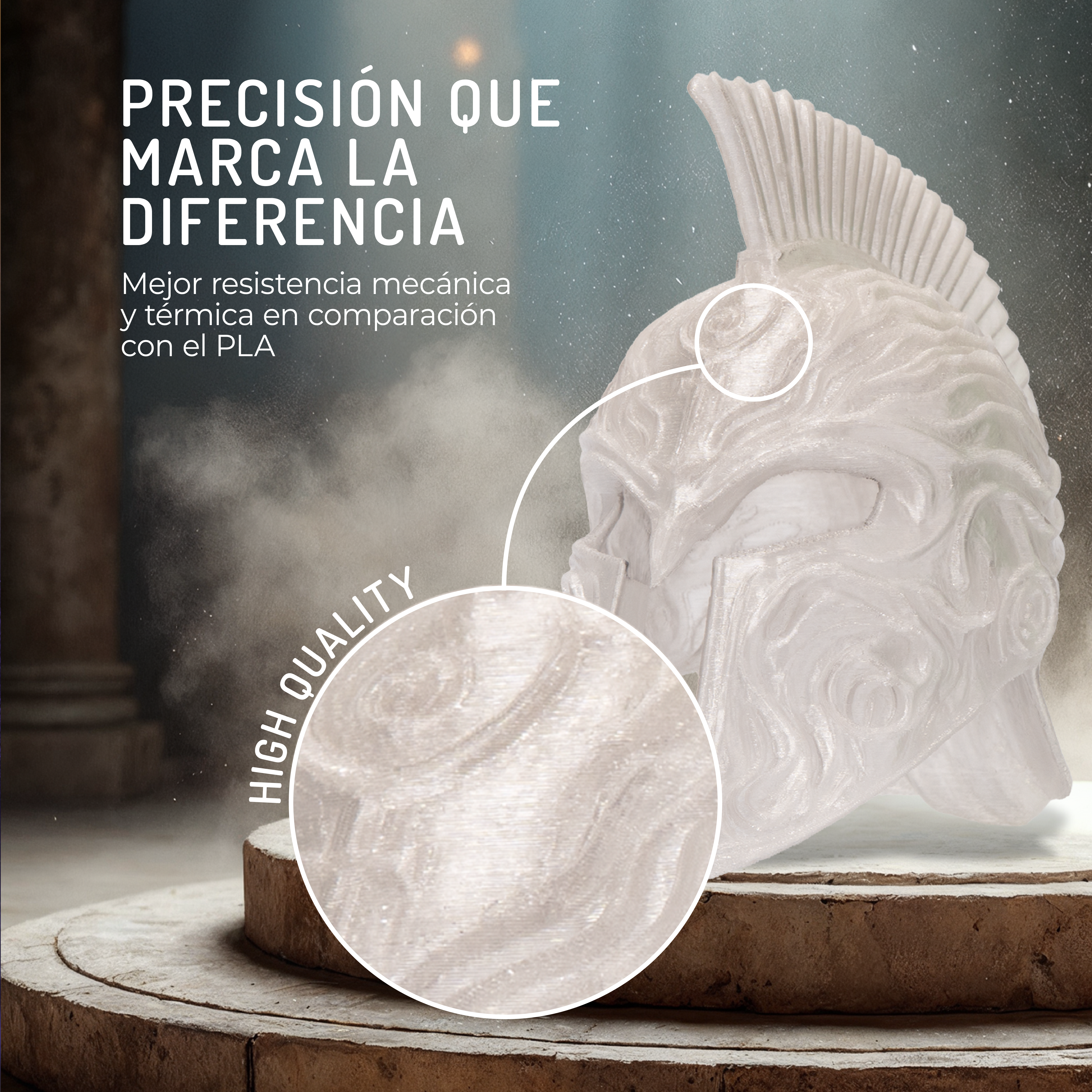 Un casco blanco con aletas, detalle ampliado, sobre pedestales de madera.