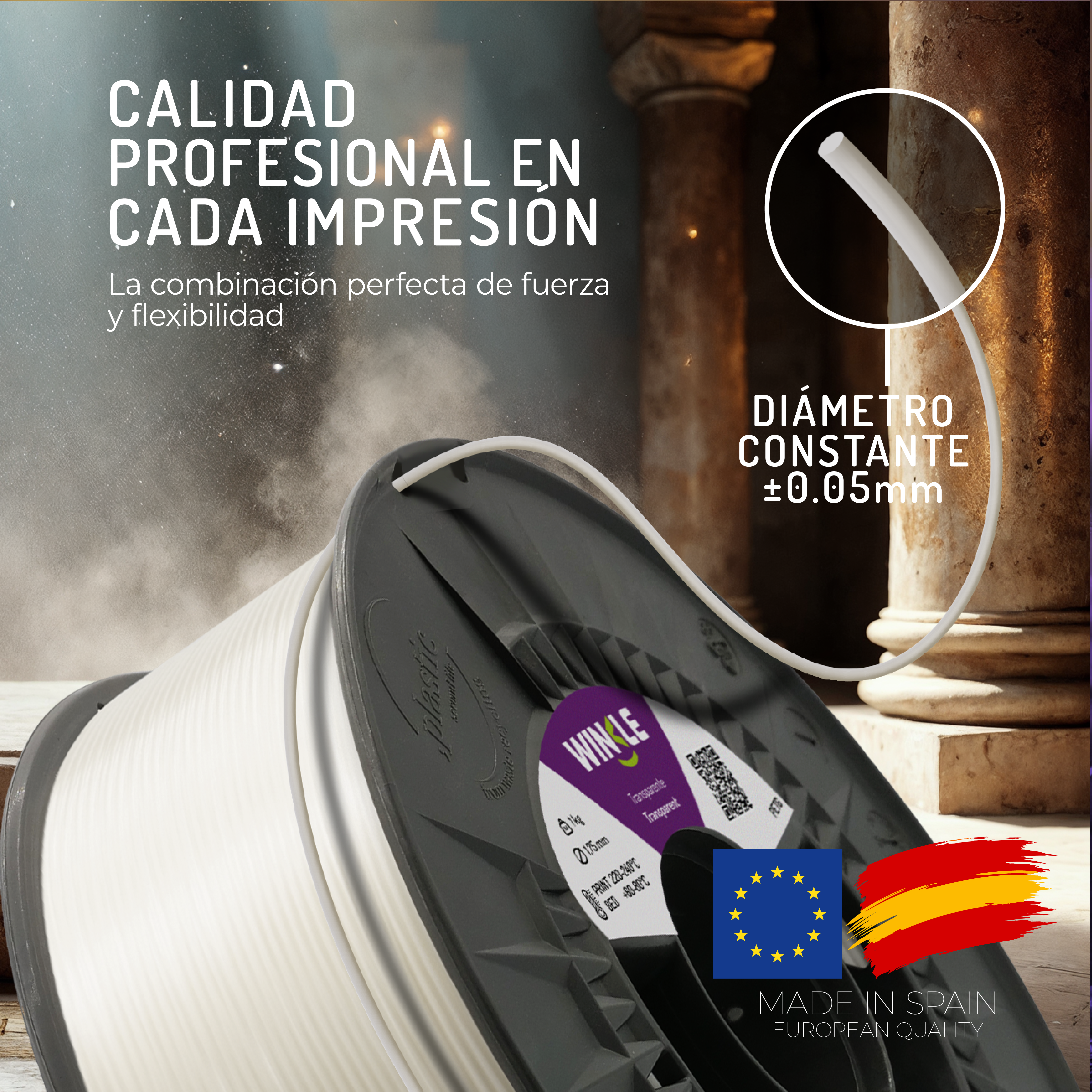 Bobina de filamento blanco de impresión 3D, primer plano, con texto sobre calidad y diámetro.