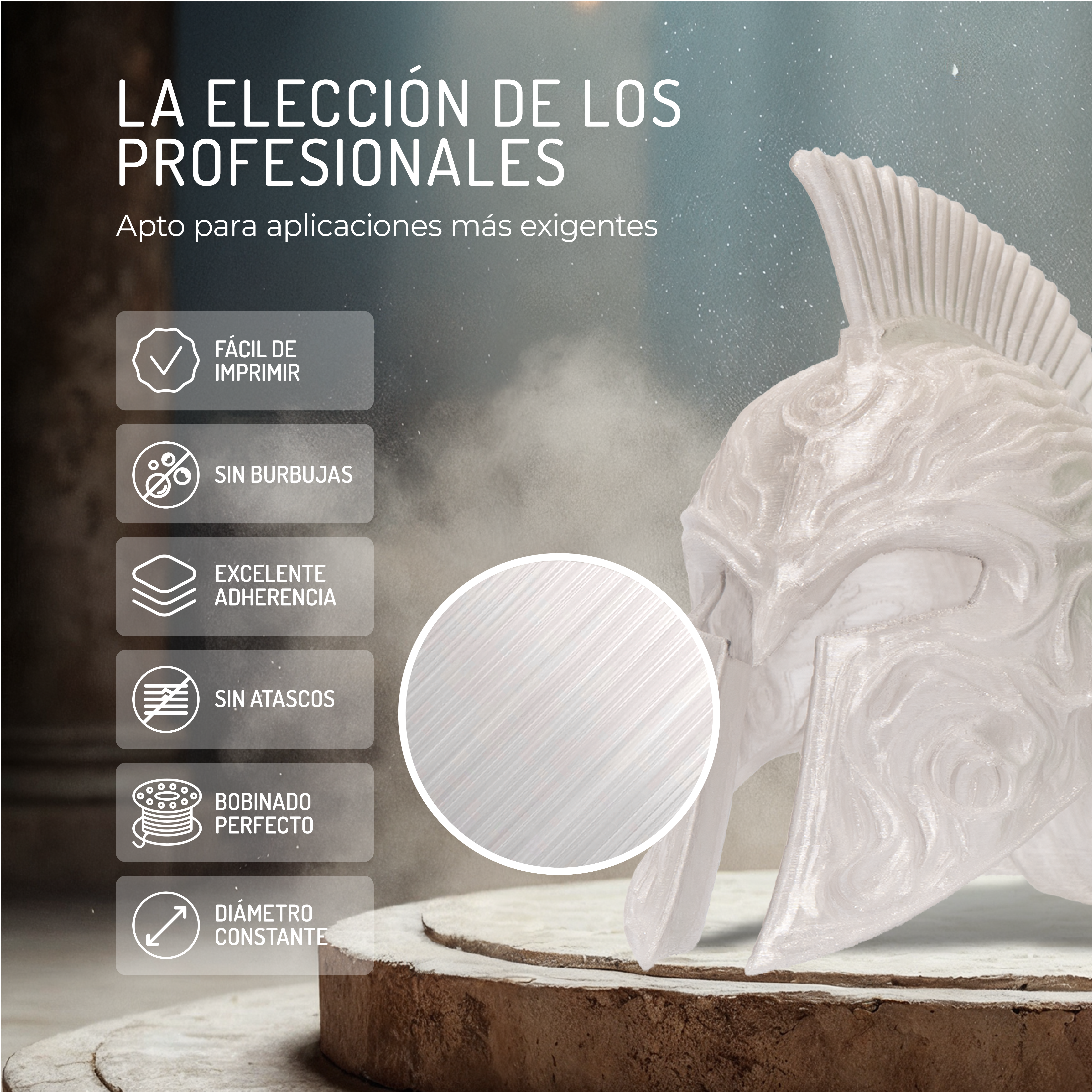 Un casco blanco impreso en 3D con iconos que indican facilidad de uso.