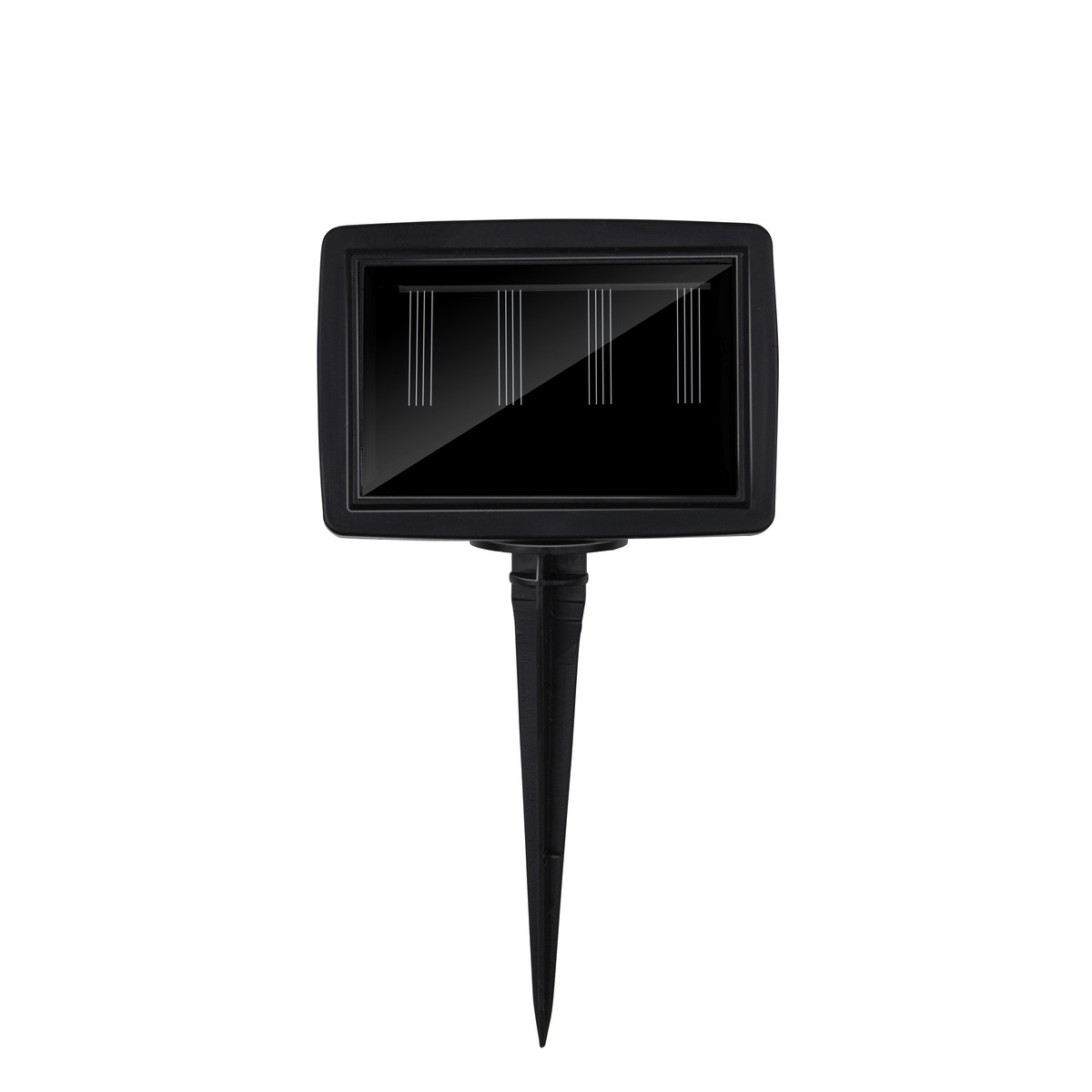 Black solar light stake with a rectangular panel and a narrow stake.