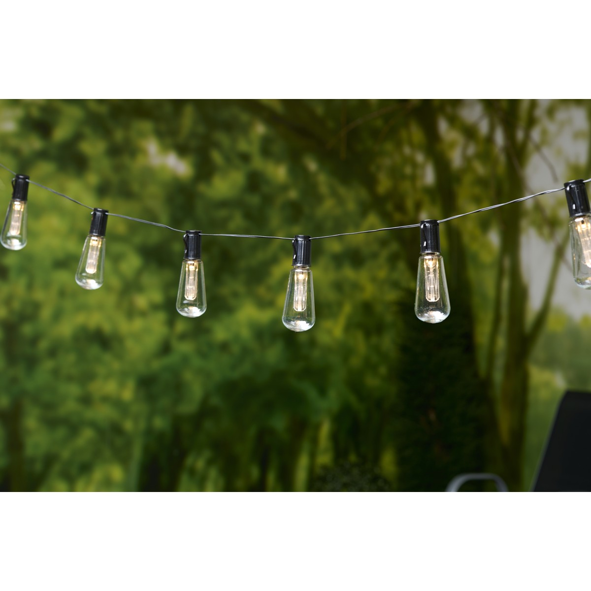 A string of bulb lights hangs in front of a blurred green background.