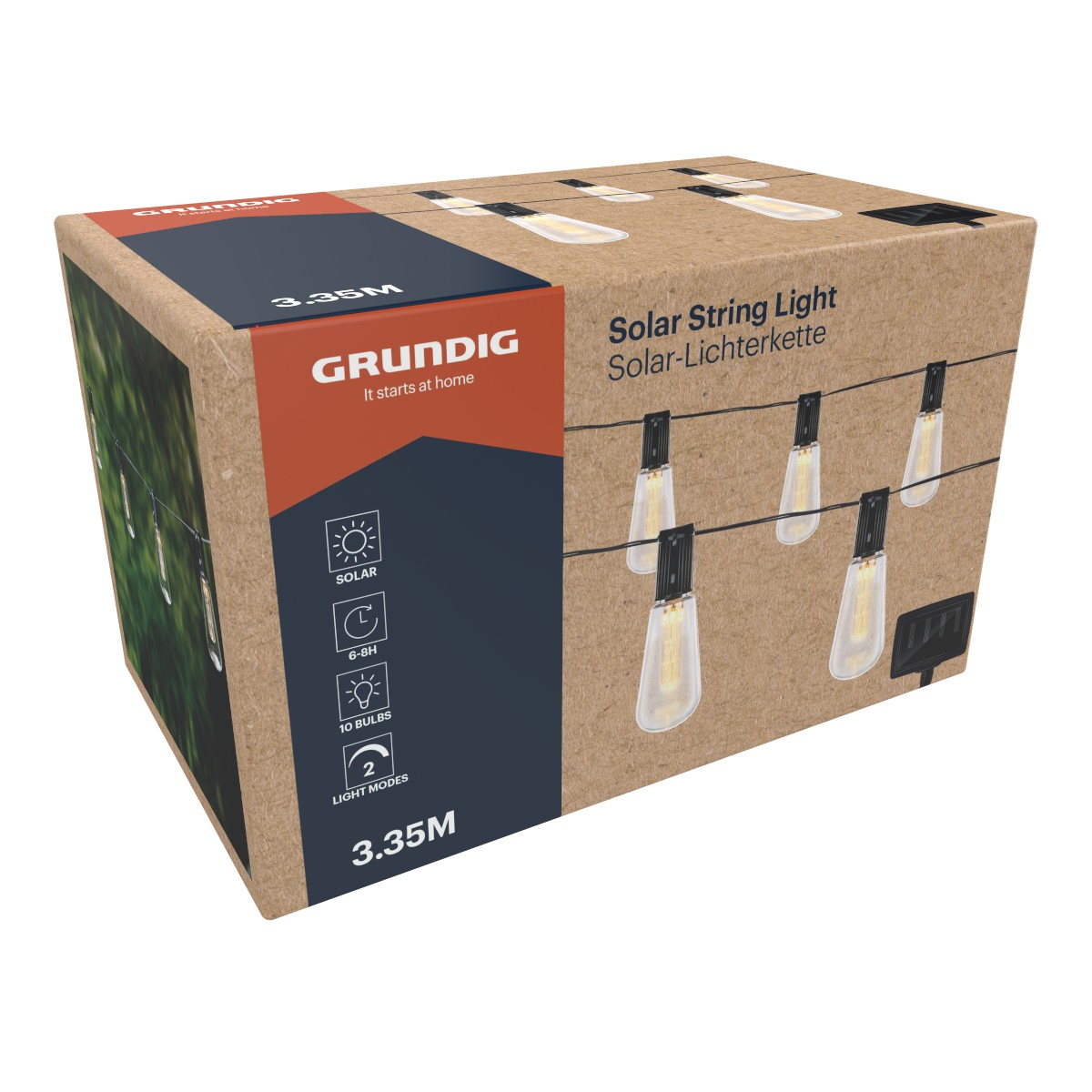 Box for a 3.35M solar string light with 10 bulbs and 2 light modes.