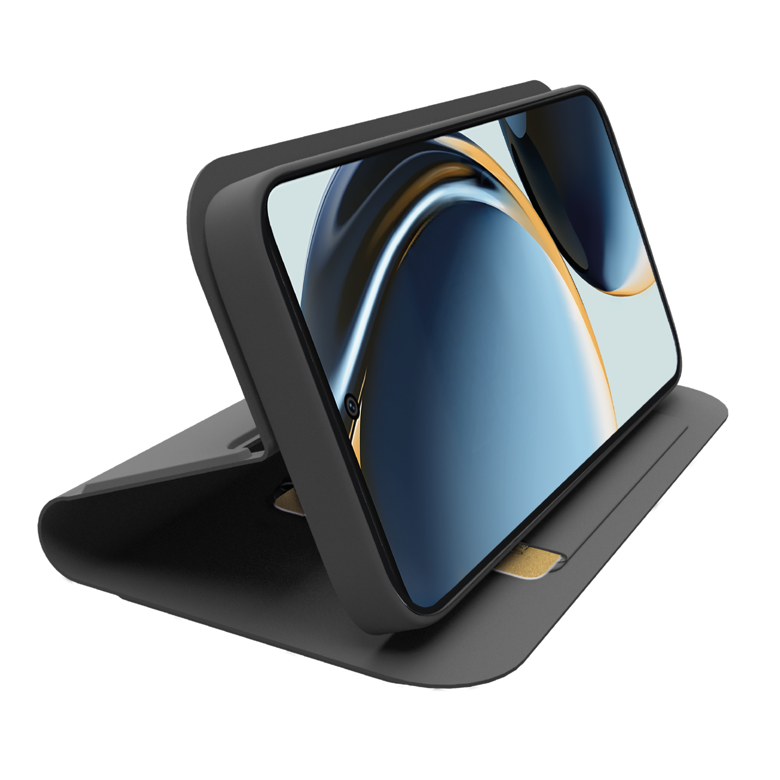 Un smartphone en una funda negra con una tarjeta SIM.