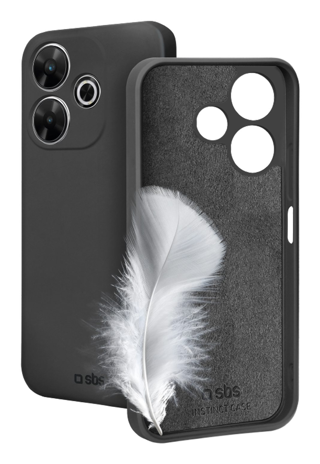 Funda de teléfono negra con detalle de pluma blanca en el interior.