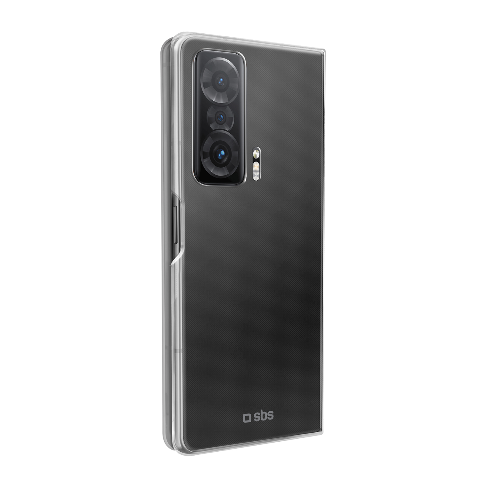 Una funda transparente para teléfono con módulo de cámara y logo SBS.