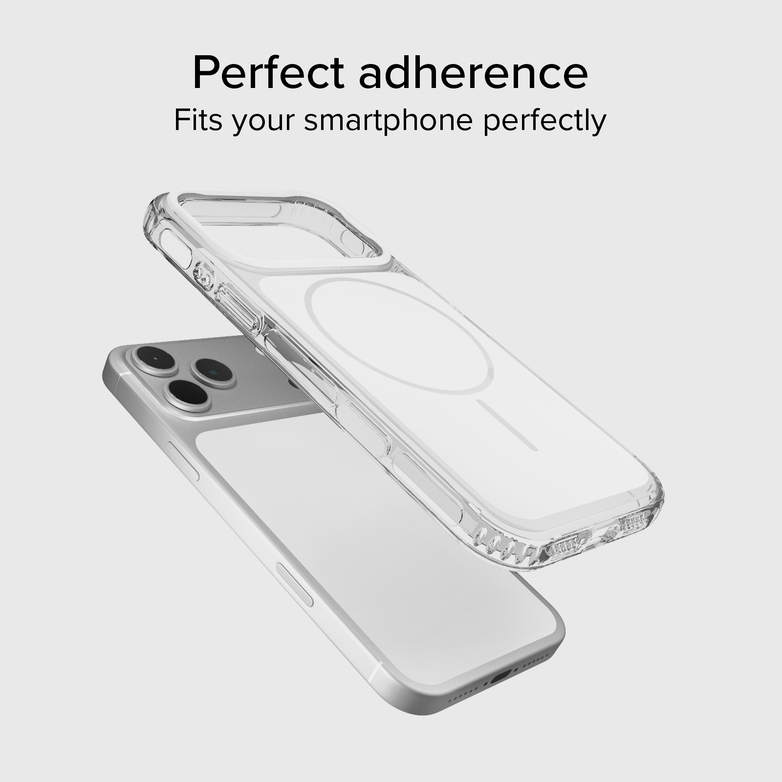 Una custodia trasparente fluttua sopra uno smartphone argentato.