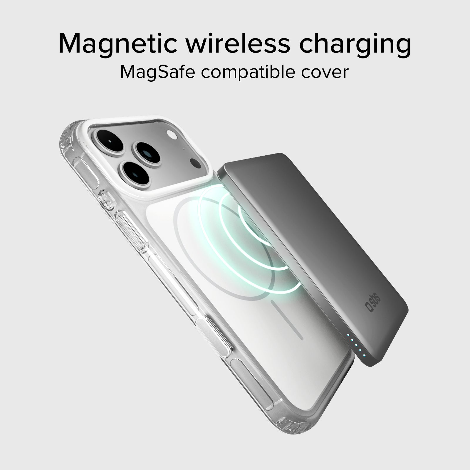 Un iPhone trasparente con caricabatterie MagSafe, in carica wireless.