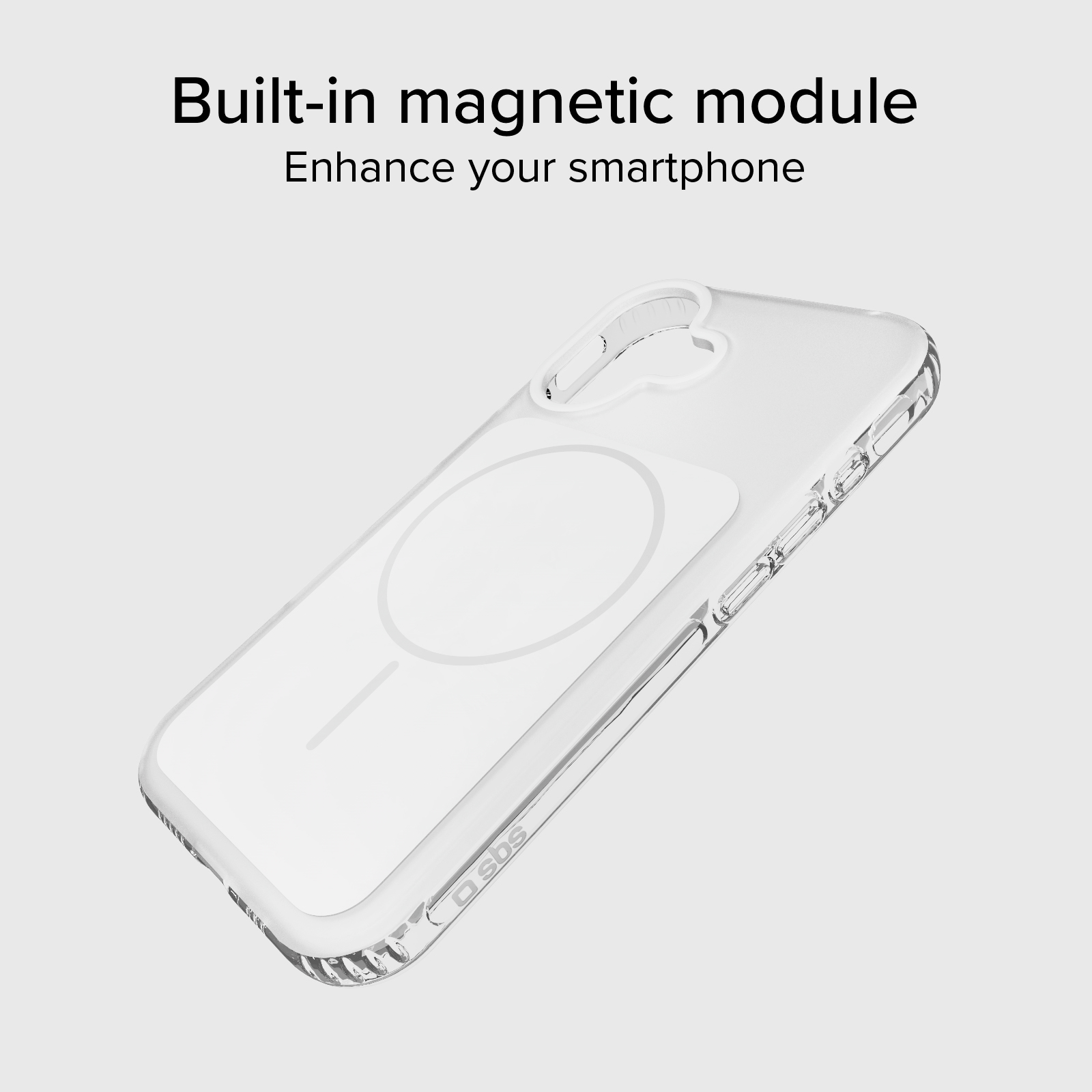 Funda transparente para teléfono con módulo magnético integrado y recorte para cámara.