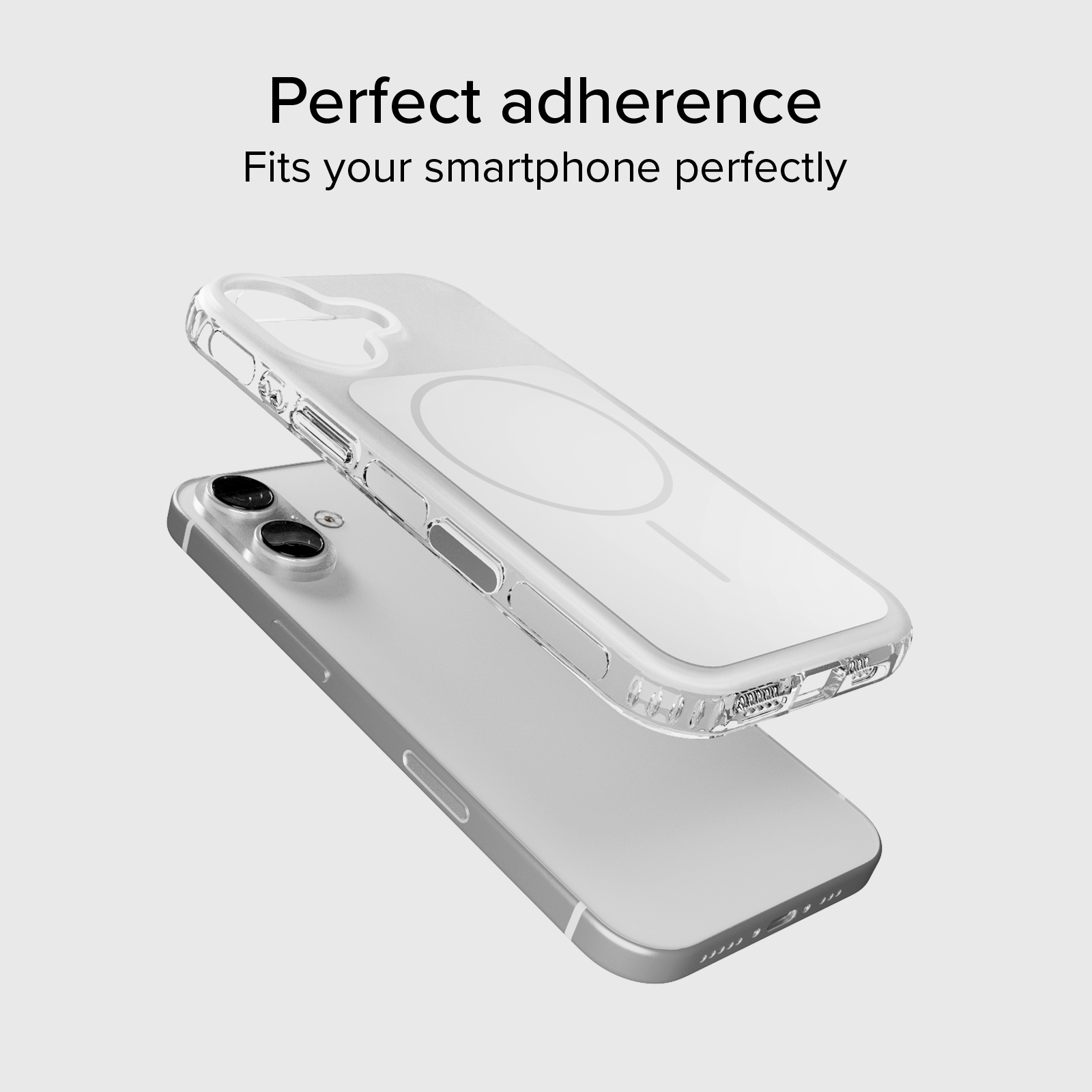 Una funda transparente flota sobre un teléfono plateado, mostrando ajuste perfecto.