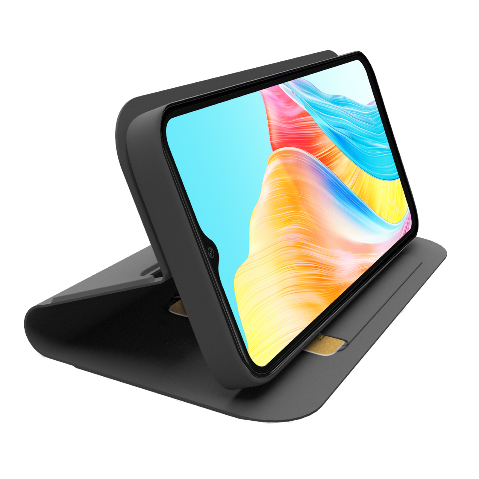 Un smartphone negro en una funda vertical con fondo de pantalla colorido.