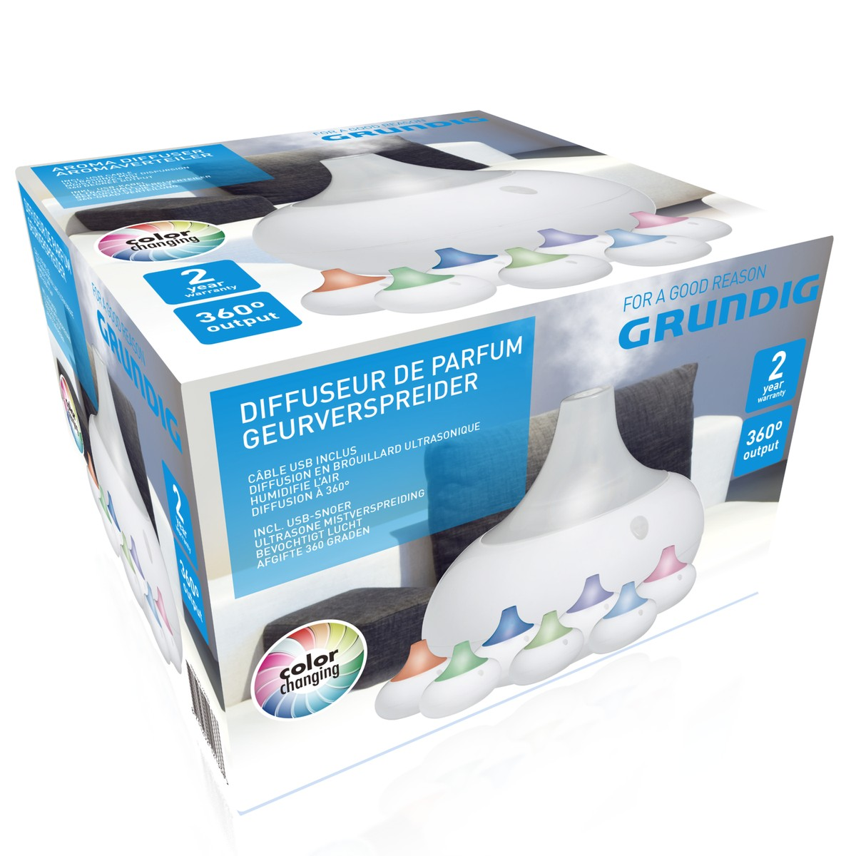 Packaging of a white Grundig aroma diffuser with color-changing LED.