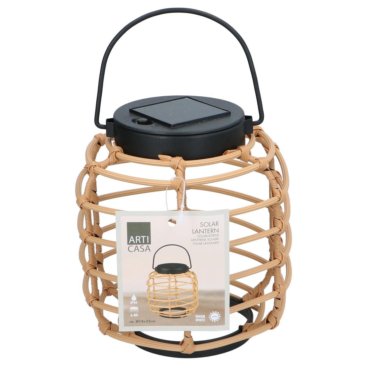 Brown rattan lantern with black handle and solar panel.