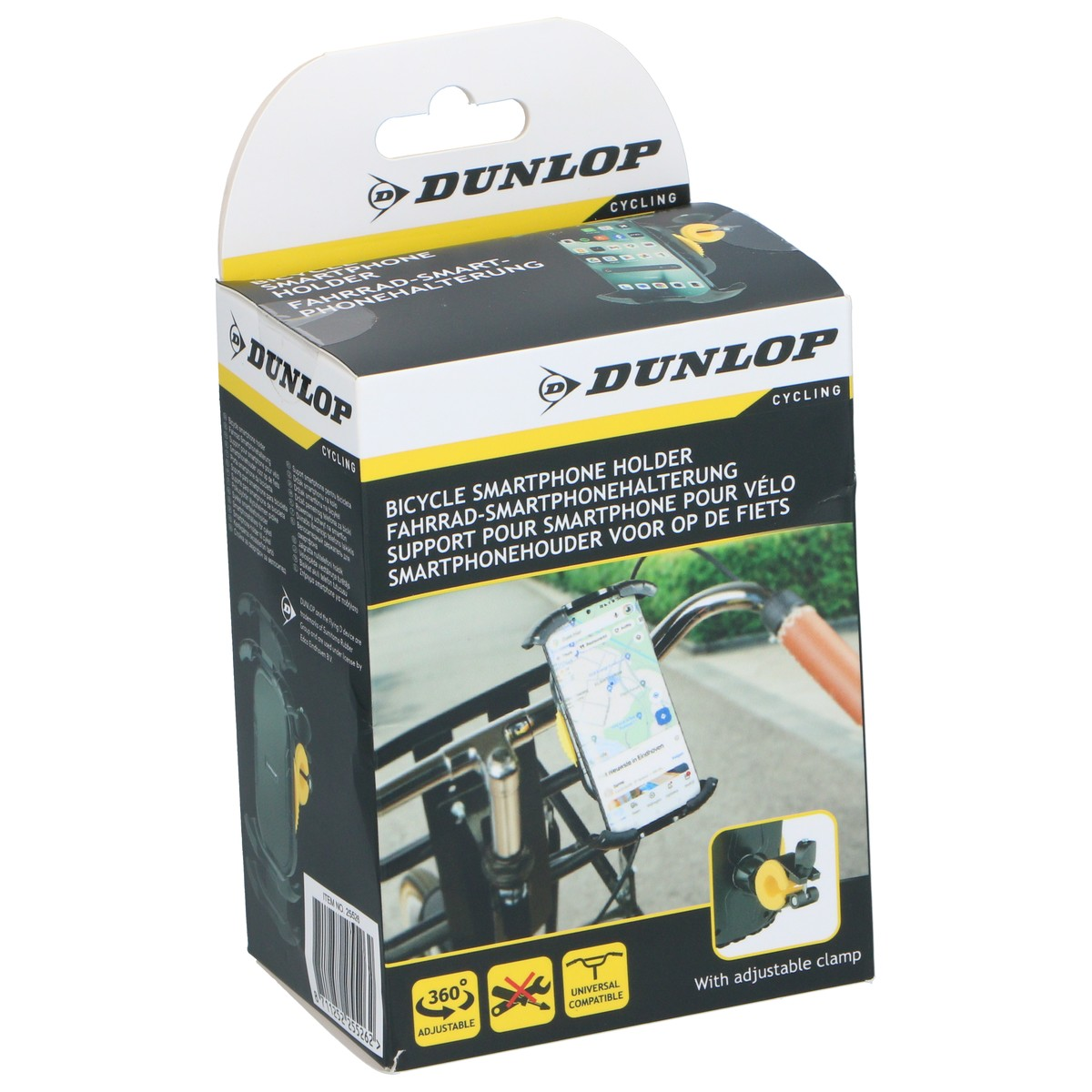 Emballage d'un support de smartphone pour vélo Dunlop avec pince réglable.