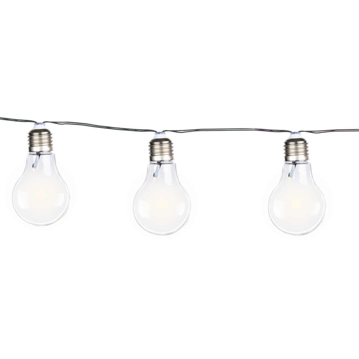 Three light bulbs hanging on a wire at a right angle.