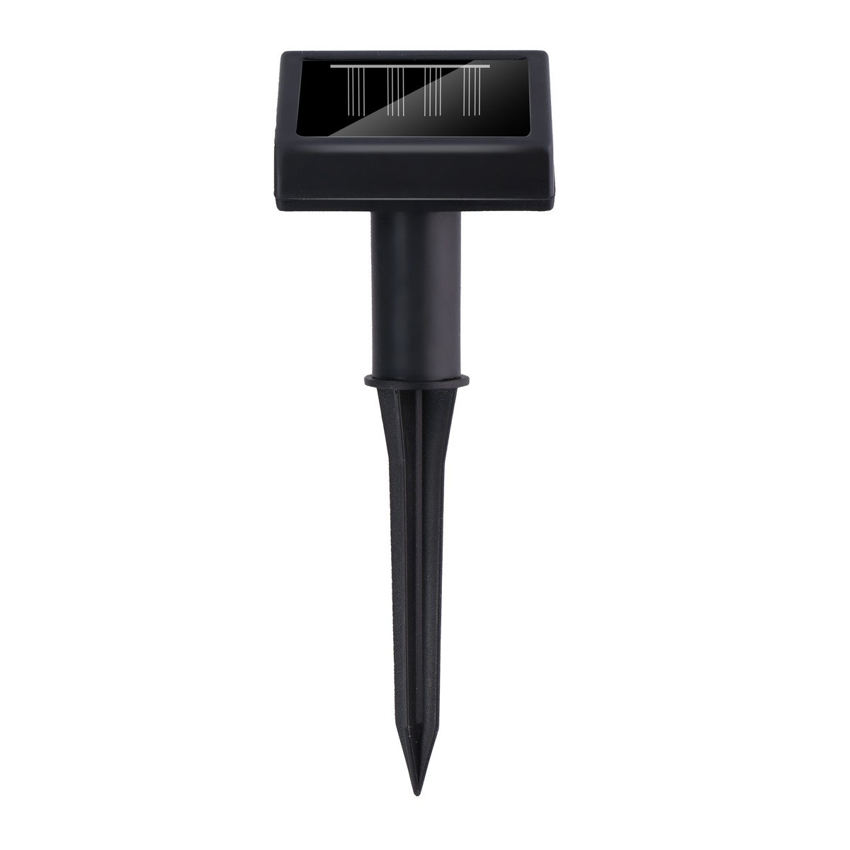 Black solar ground stake with rectangular panel and vertical lines.