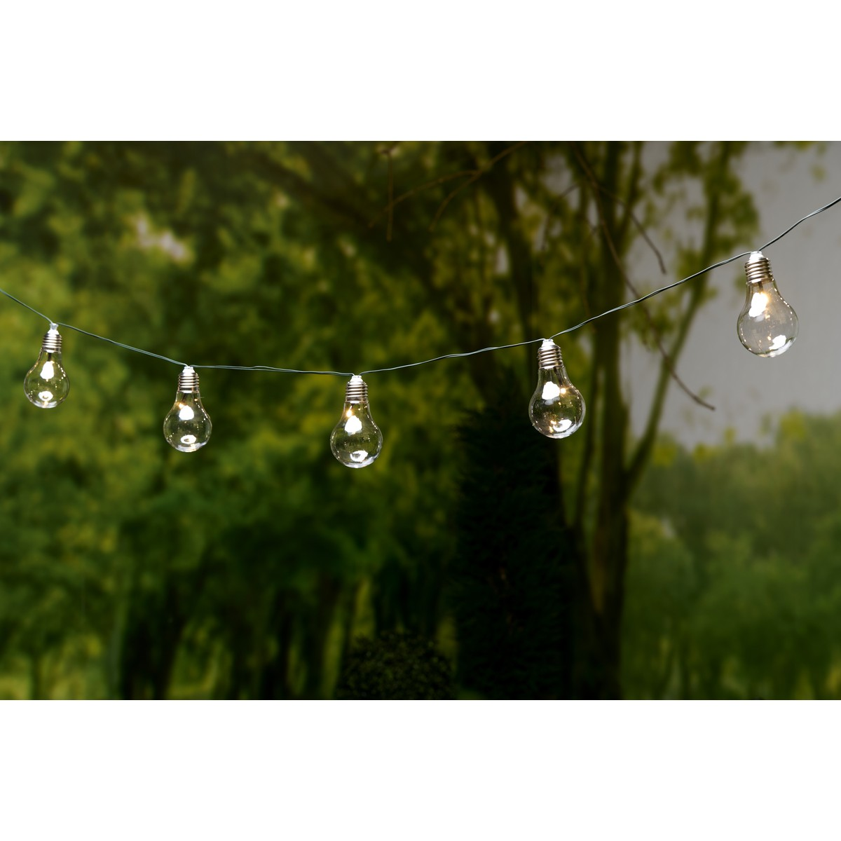 A string of lightbulbs hangs against a blurred green background.