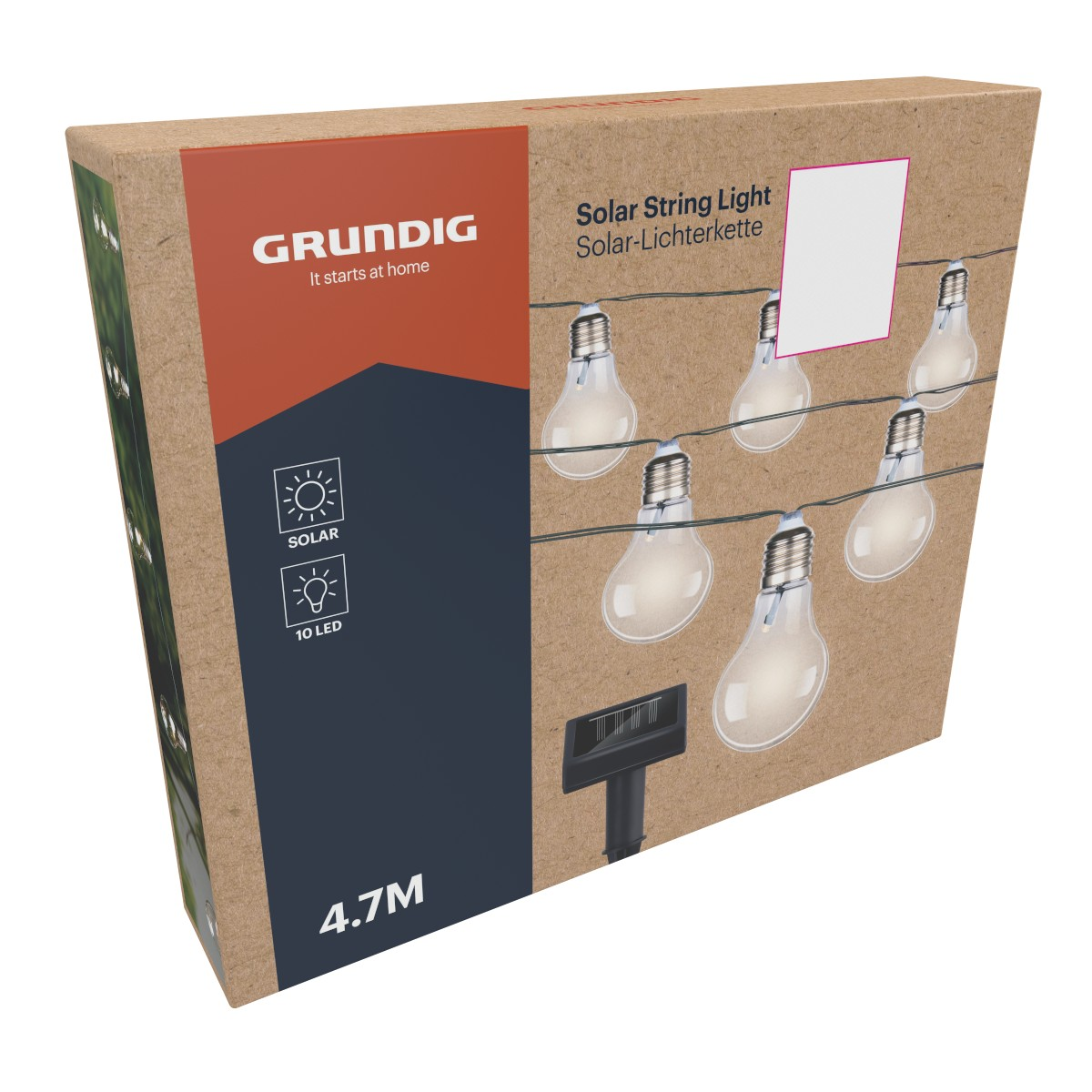 Box for a solar string light with 10 LEDs and a solar panel.