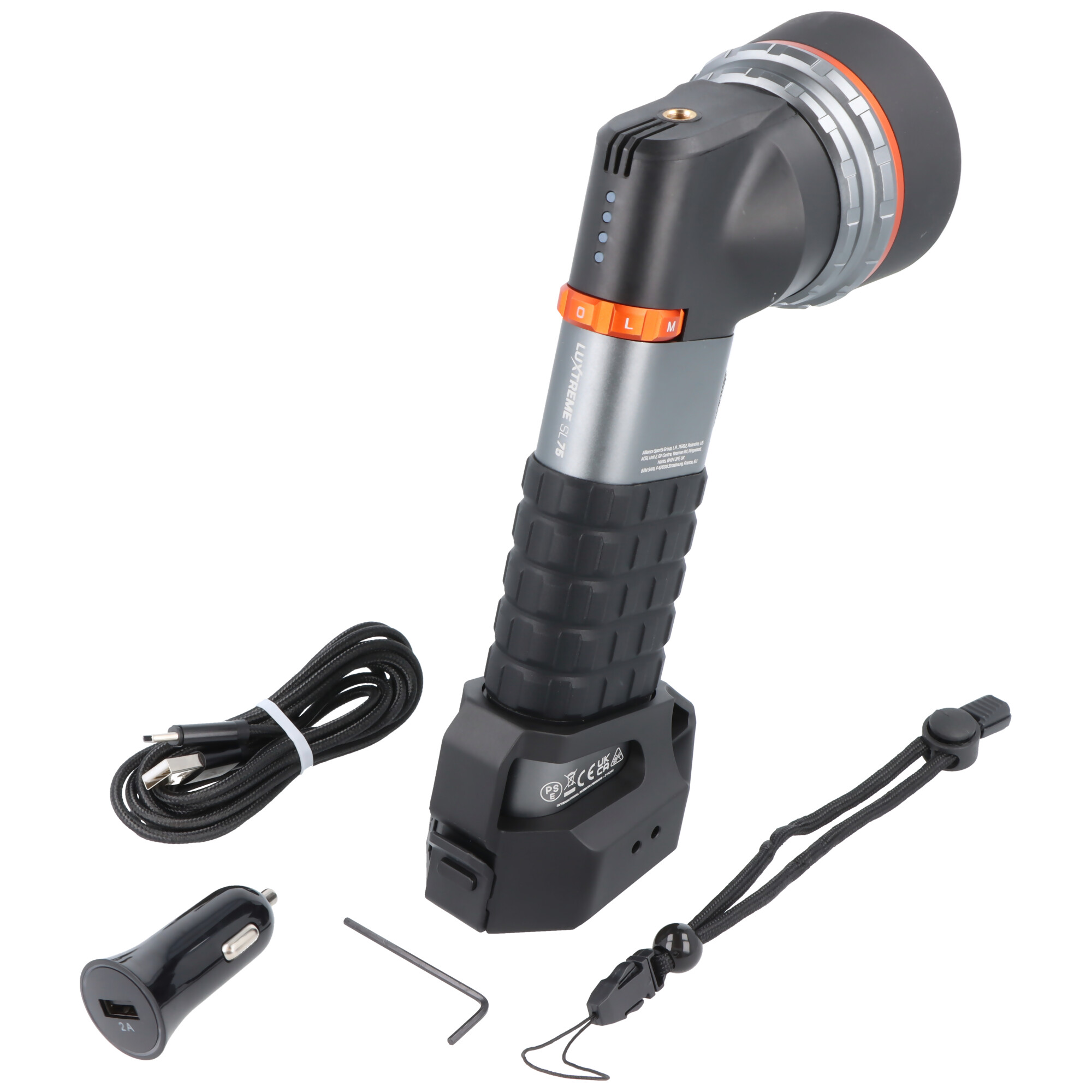 Schwarzer Taschenlampen-Kit mit Kabel, Autoladegerät, L-Schlüssel und Handschlaufe.